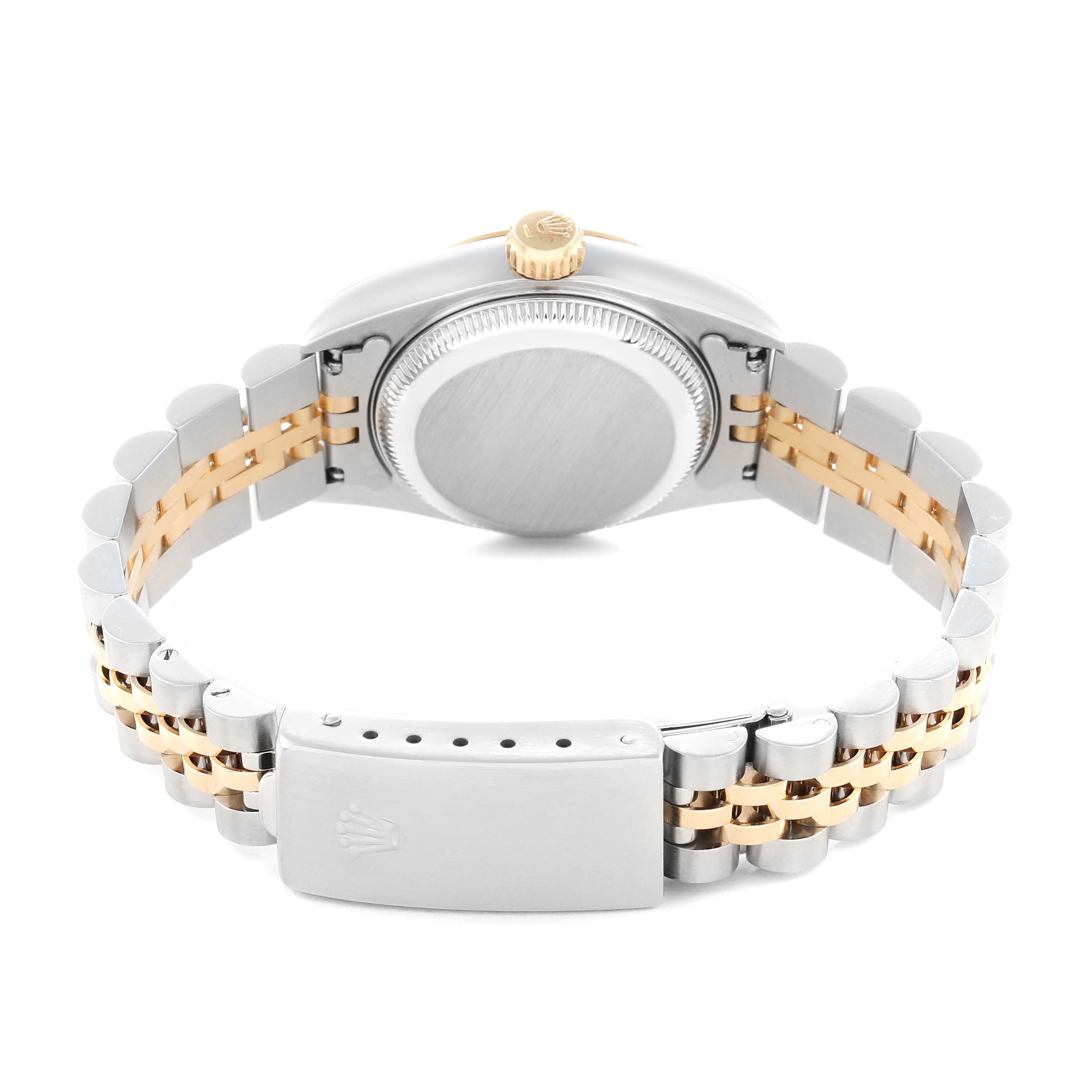 The image shows the back view of a Rolex Datejust model 79173 men
s watch, highlighting the case back, crown, and two-tone bracelet with a clasp.