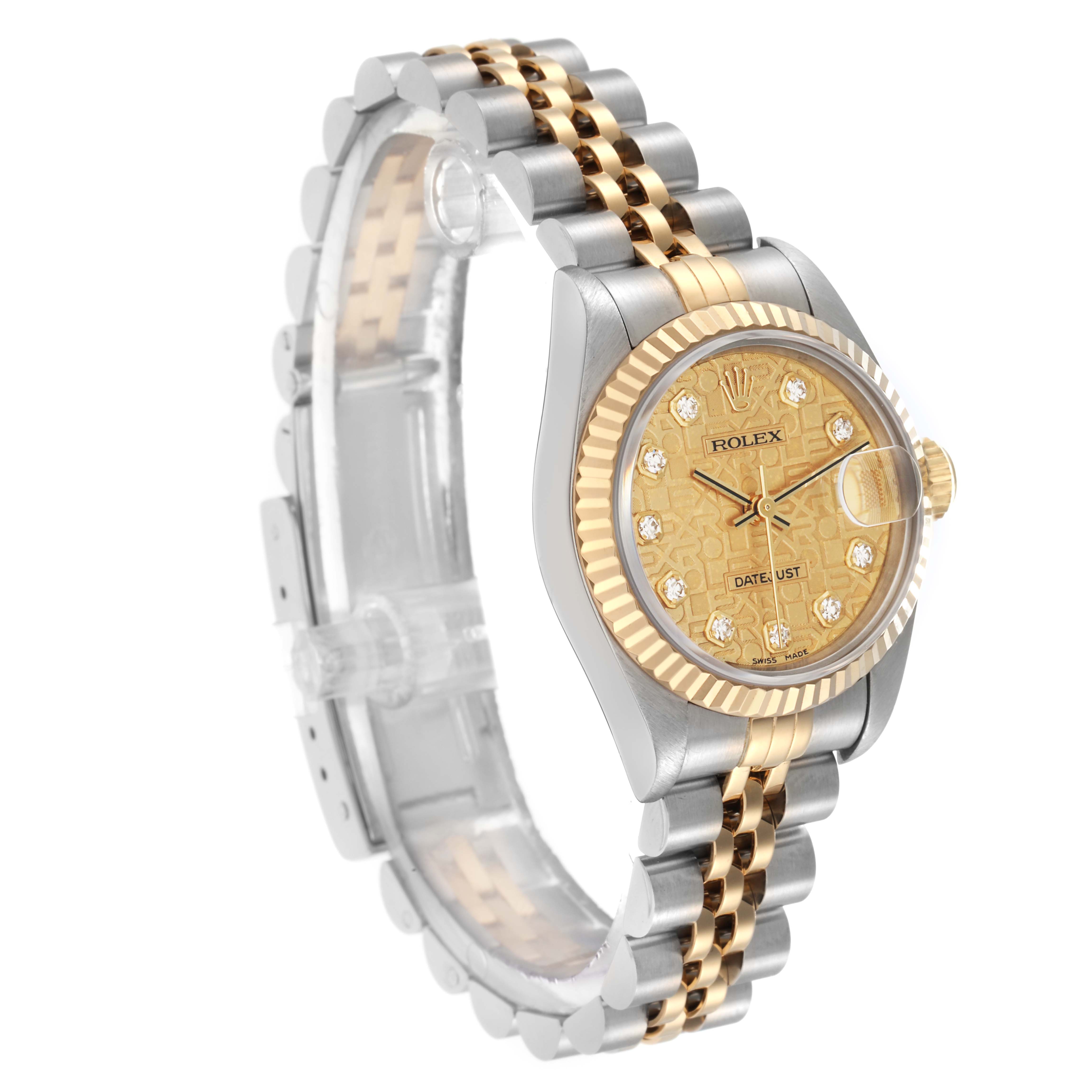 The Rolex Datejust model 79173 is shown at an angled view, highlighting the two-tone bracelet, fluted bezel, and champagne dial with diamond markers.