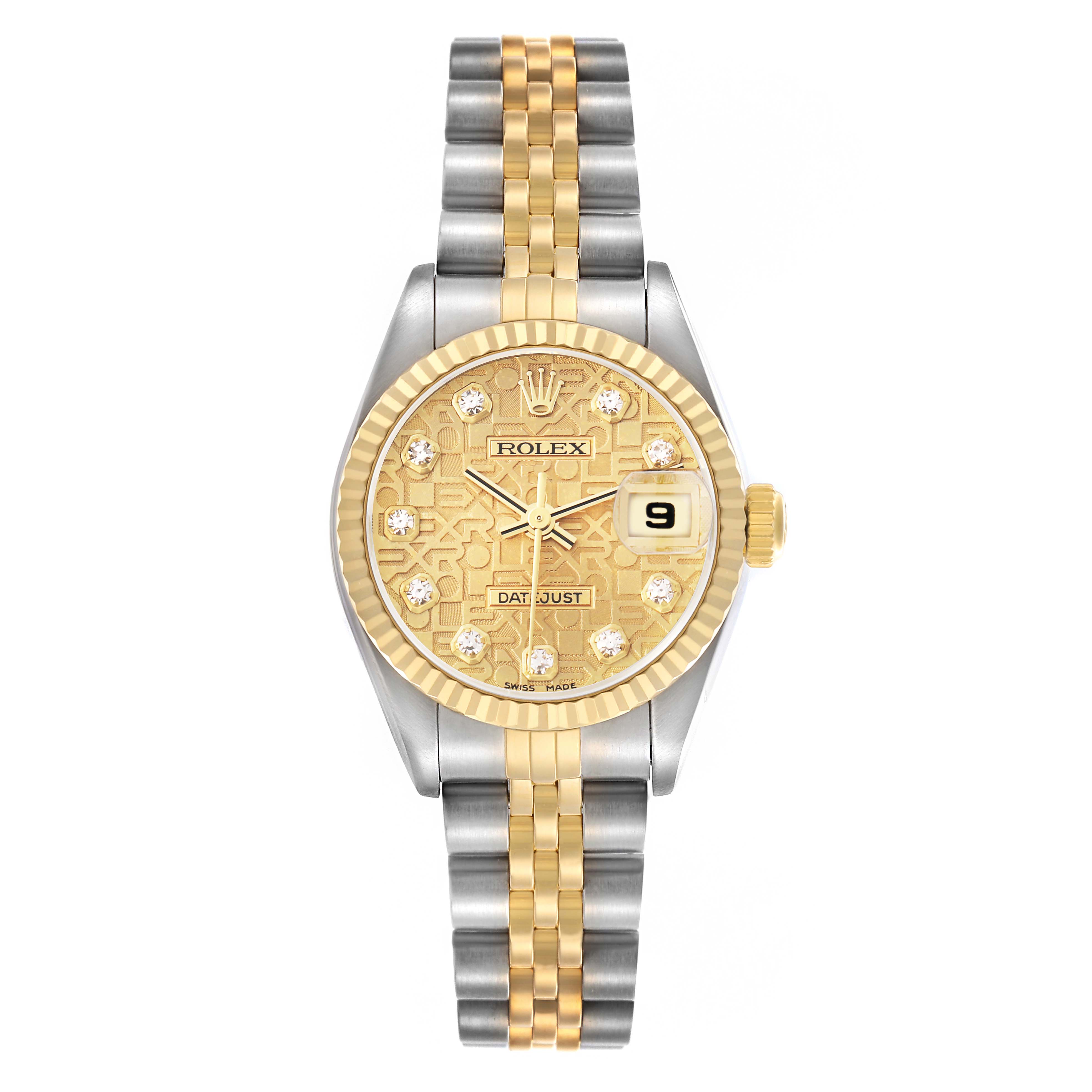 The image shows a Rolex Datejust model 79173 men
s watch from a top-down angle, highlighting the dial, bezel, and jubilee bracelet.