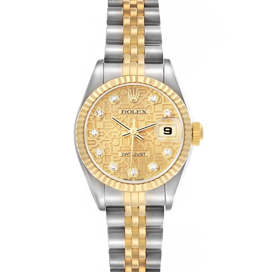 The image shows a front view of the Rolex Datejust model 79173 men's watch, highlighting its gold dial, diamond markers, date window, and two-tone bracelet.