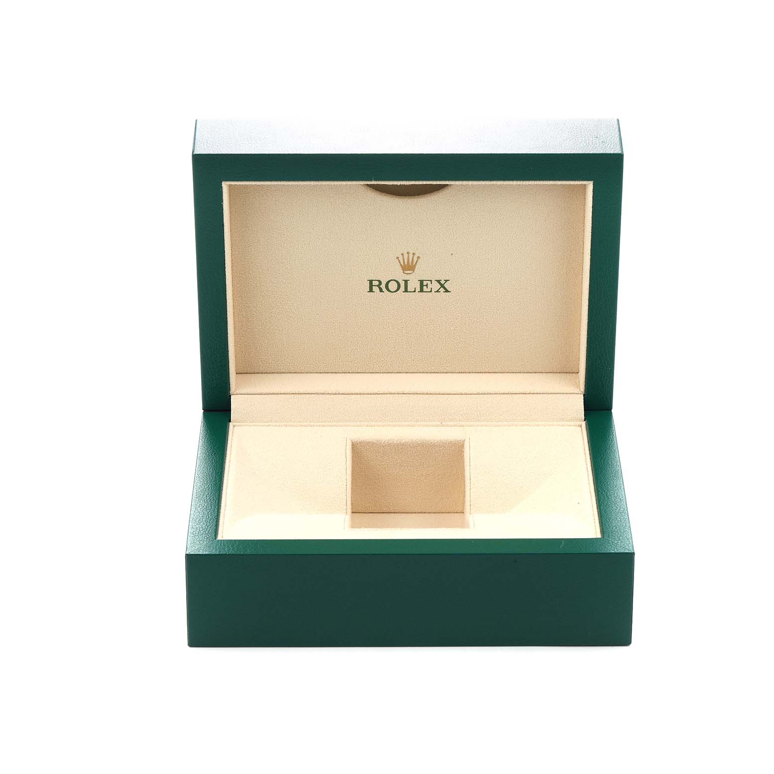 The image shows an open green and cream-colored Rolex watch box for a Datejust model number 116233.