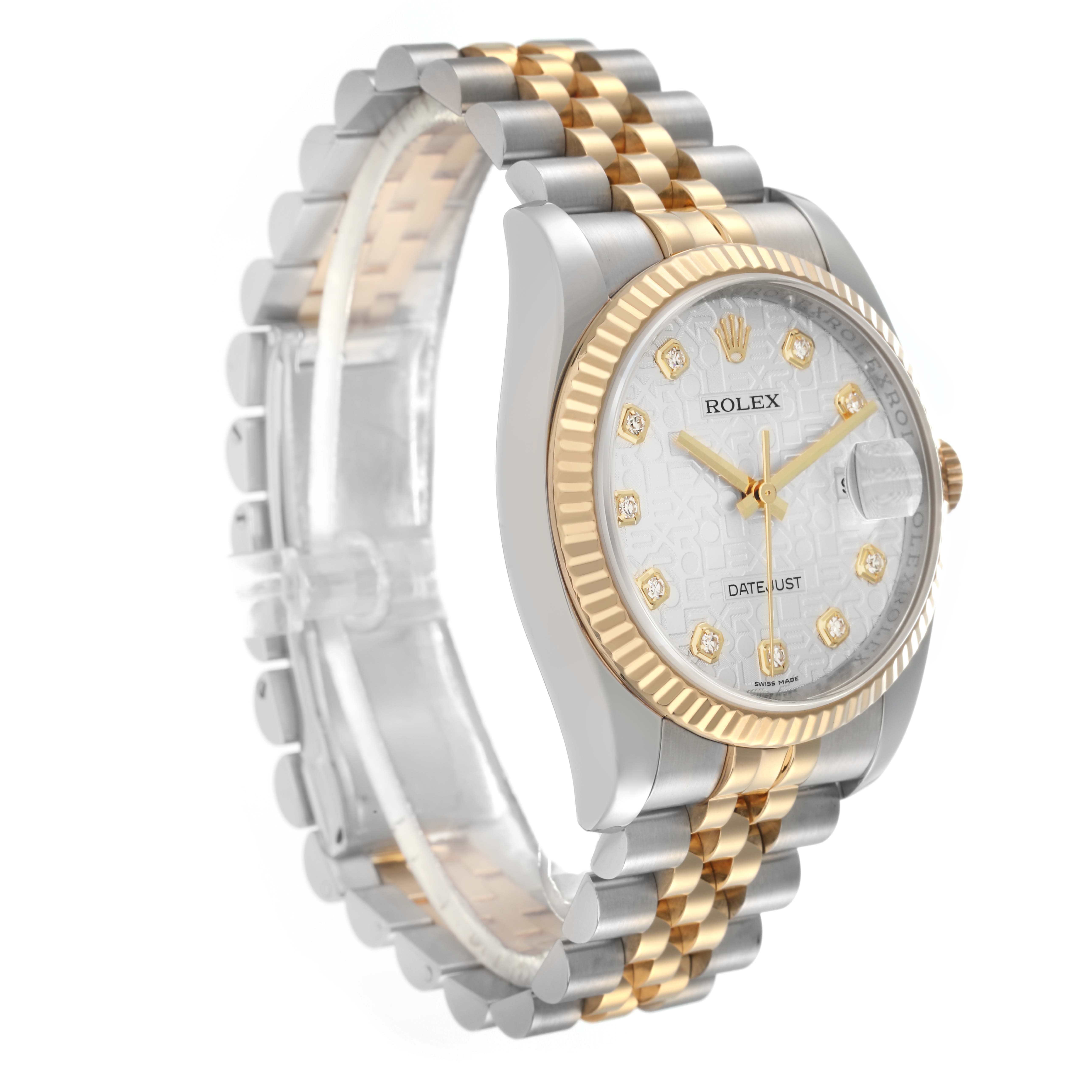 The Rolex Datejust model 116233 is shown at a three-quarter angle, highlighting the gold and stainless steel bracelet, fluted bezel, and diamond-accented dial.