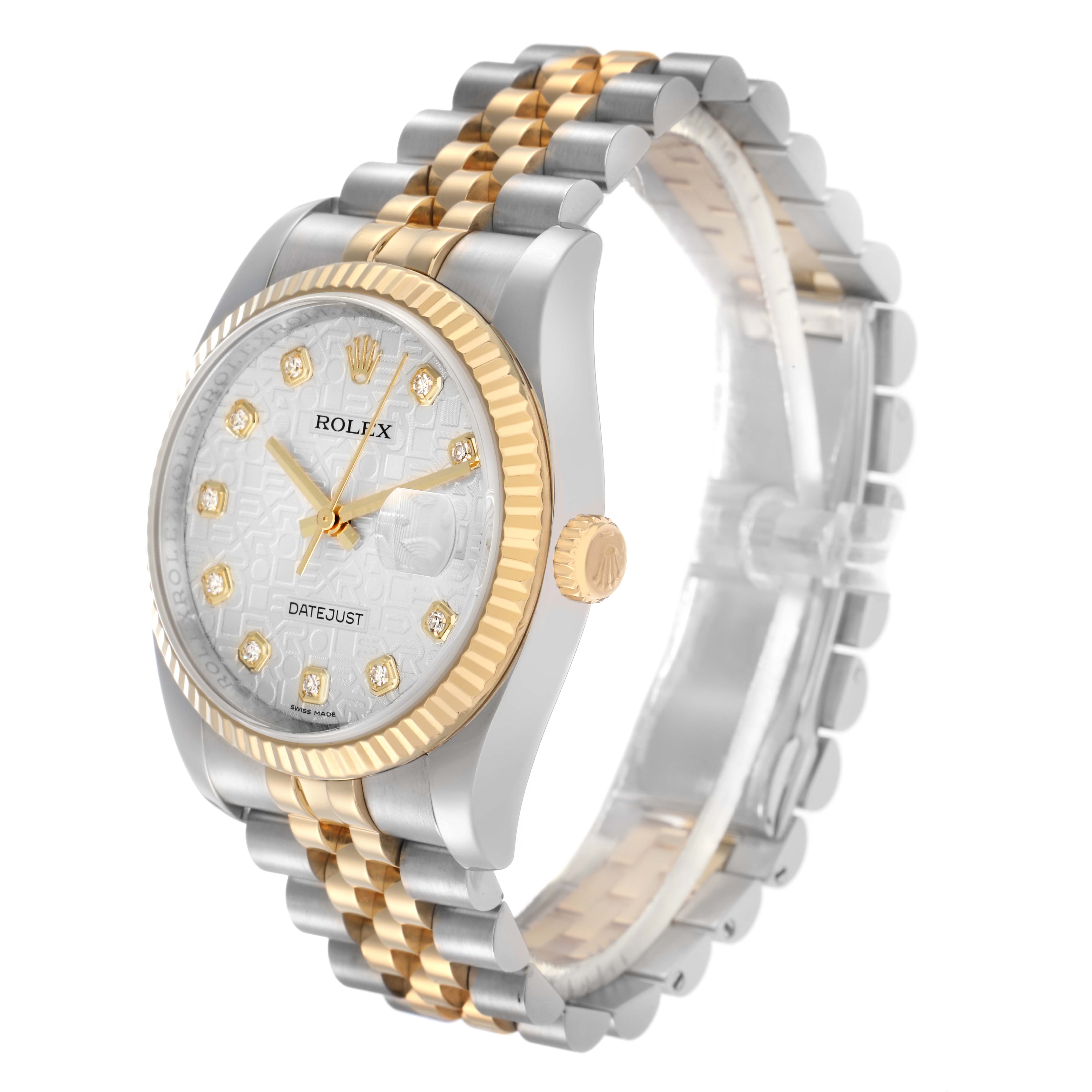 The Rolex Datejust model 116233 men
s watch is shown at an angle highlighting its face, fluted bezel, and Jubilee bracelet.