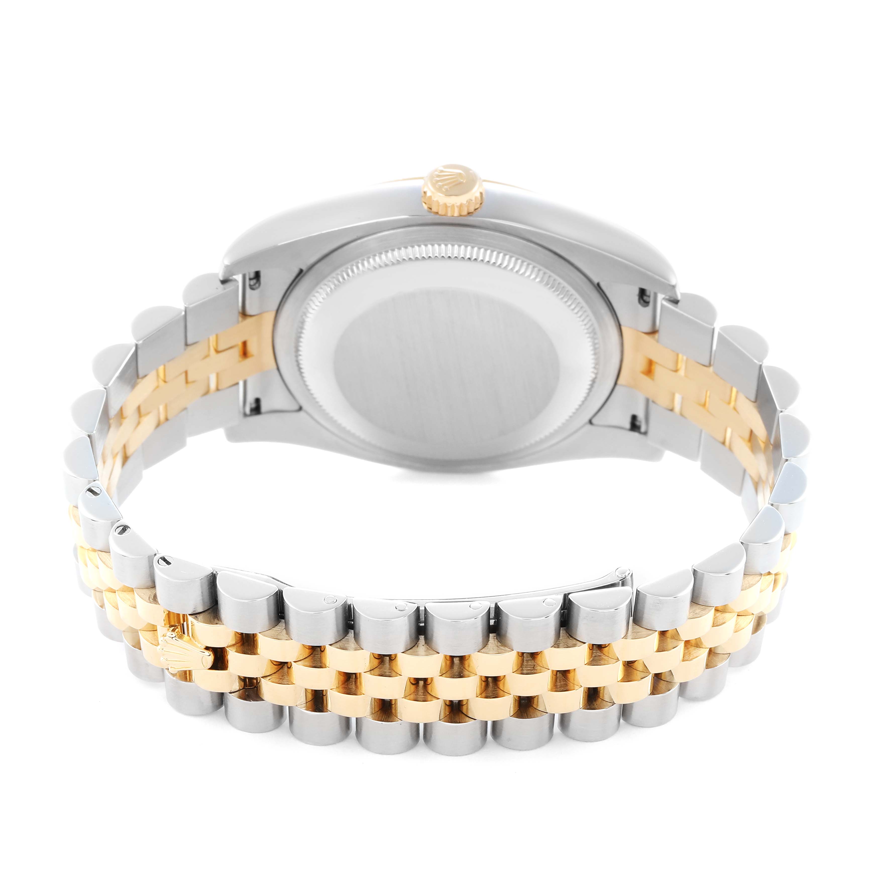 The image shows the back view of a Rolex Datejust model 116233 men
s watch, focusing on the two-tone bracelet and case back.