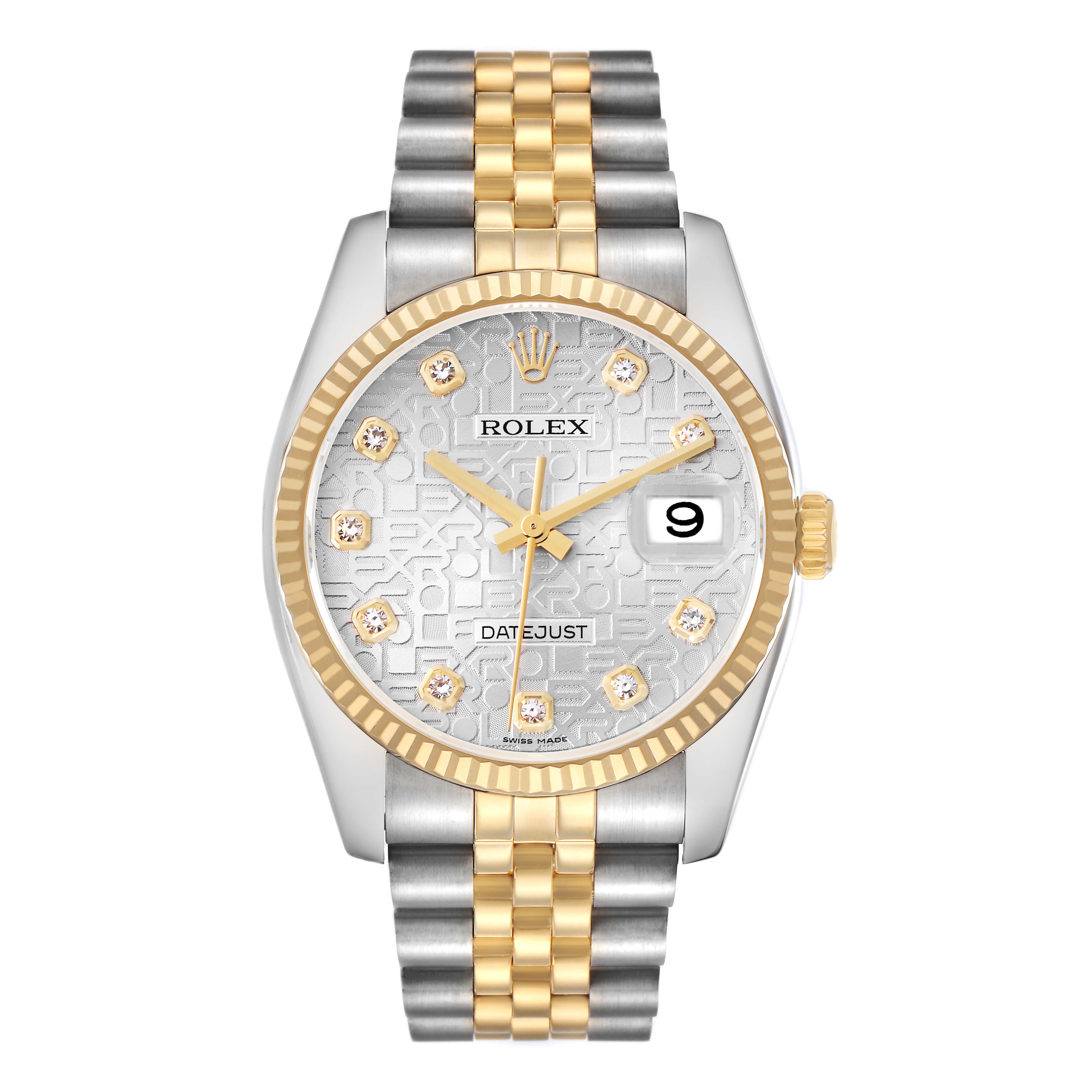The image shows a Rolex Datejust 116233 men
s watch from a front angle, highlighting its two-tone bracelet, fluted bezel, and patterned dial with diamond markers.