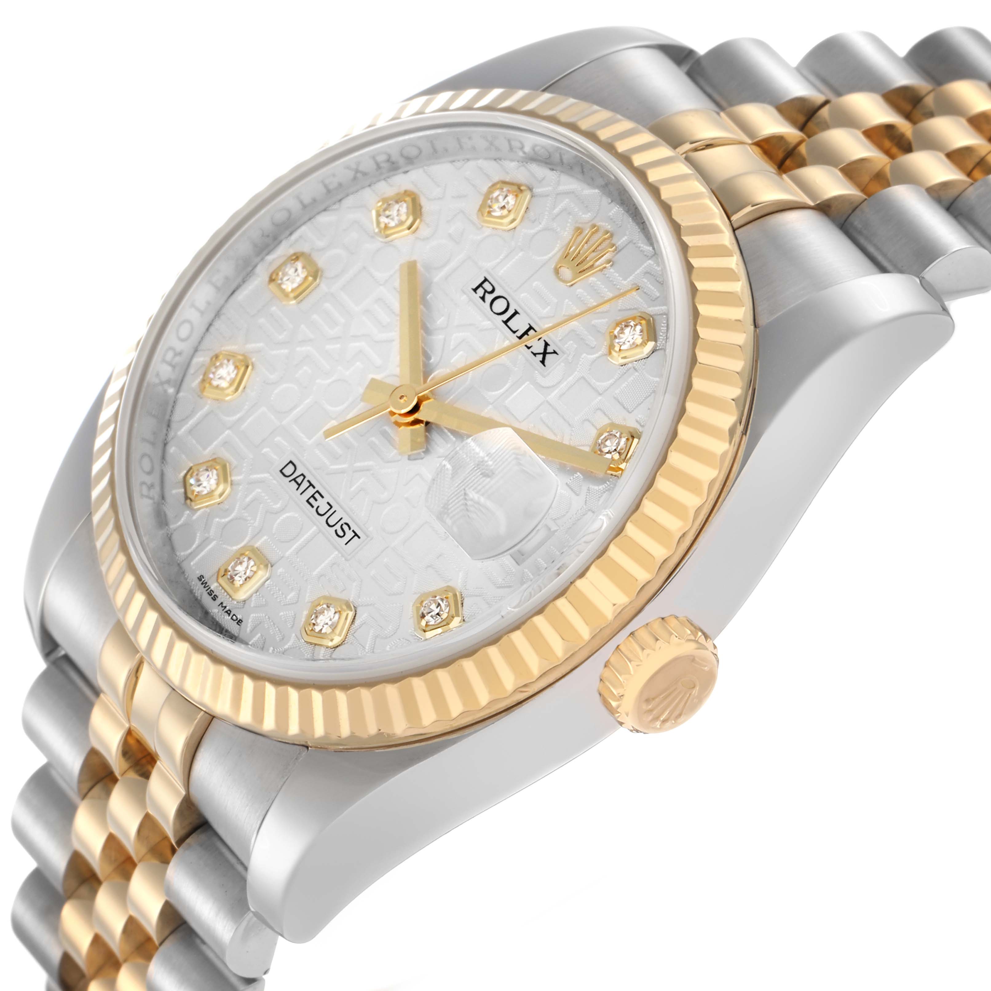 The Rolex Datejust model 116233 is shown at an angled view, highlighting its two-tone bracelet, fluted bezel, and diamond hour markers on the dial.