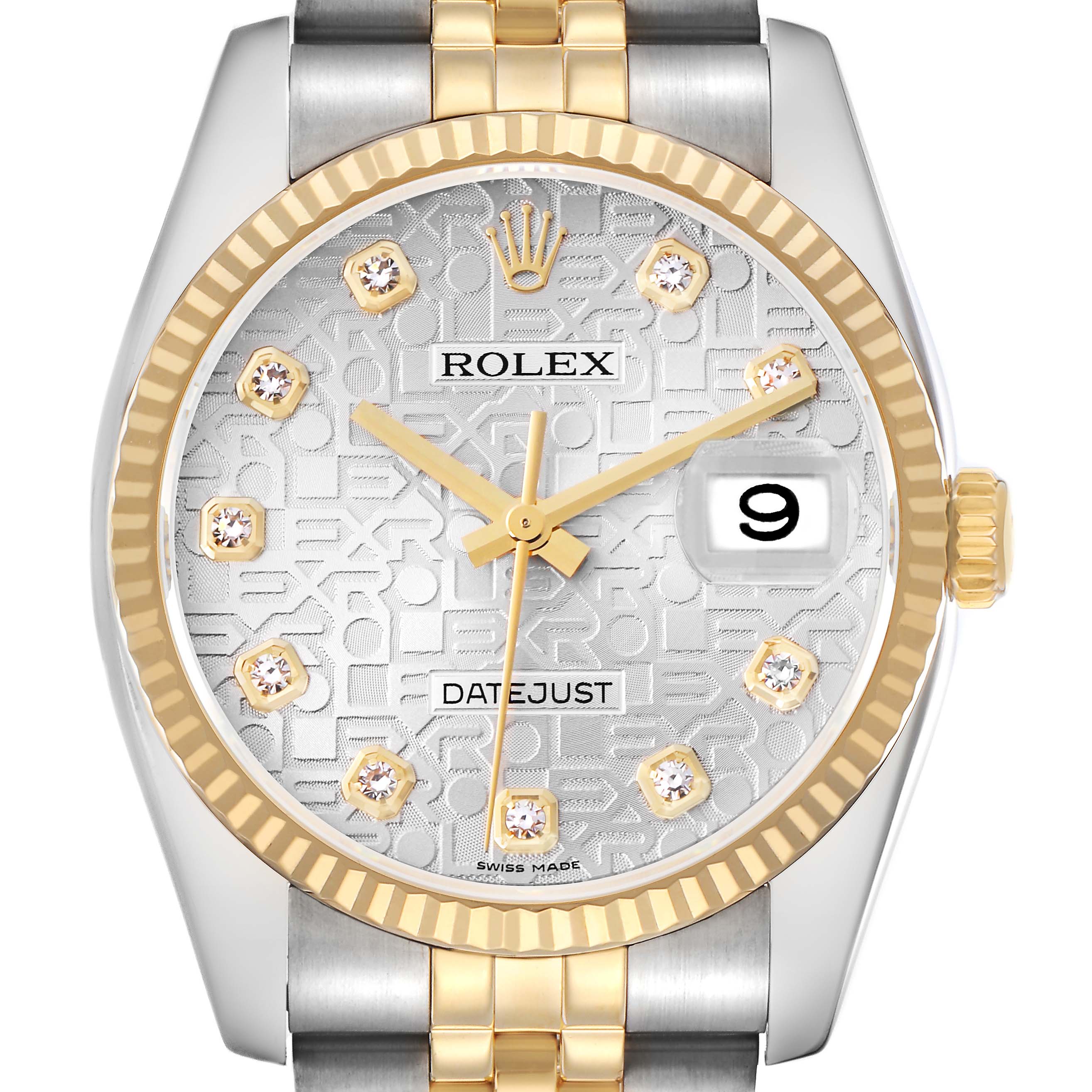 This image shows a frontal view of the Rolex Datejust model number 116233, highlighting the dial, bezel, and bracelet.