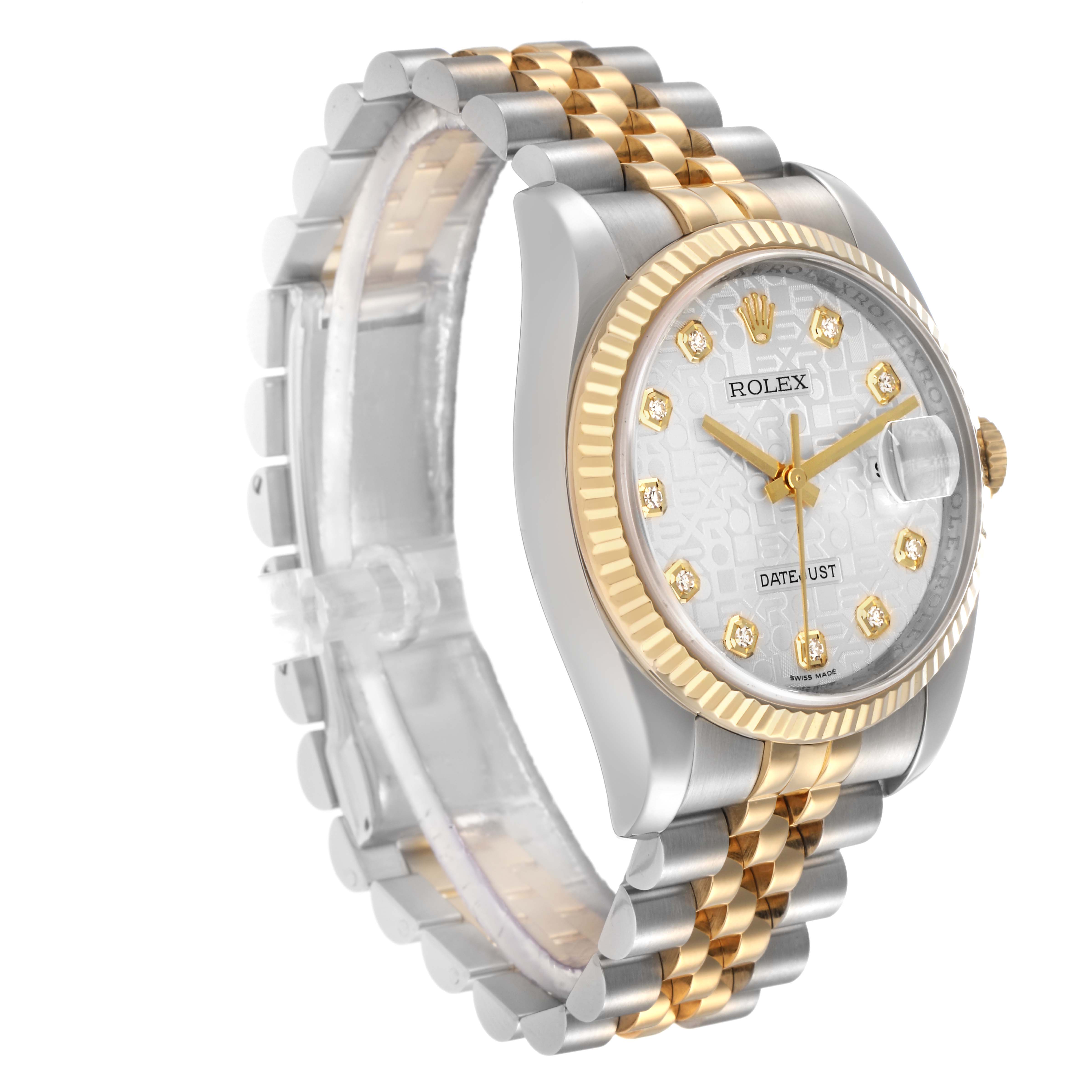 The image shows a Rolex Datejust model 116233 watch at a slight angle, highlighting its bezel, dial, bracelet, and crown, emphasizing its two-tone design.