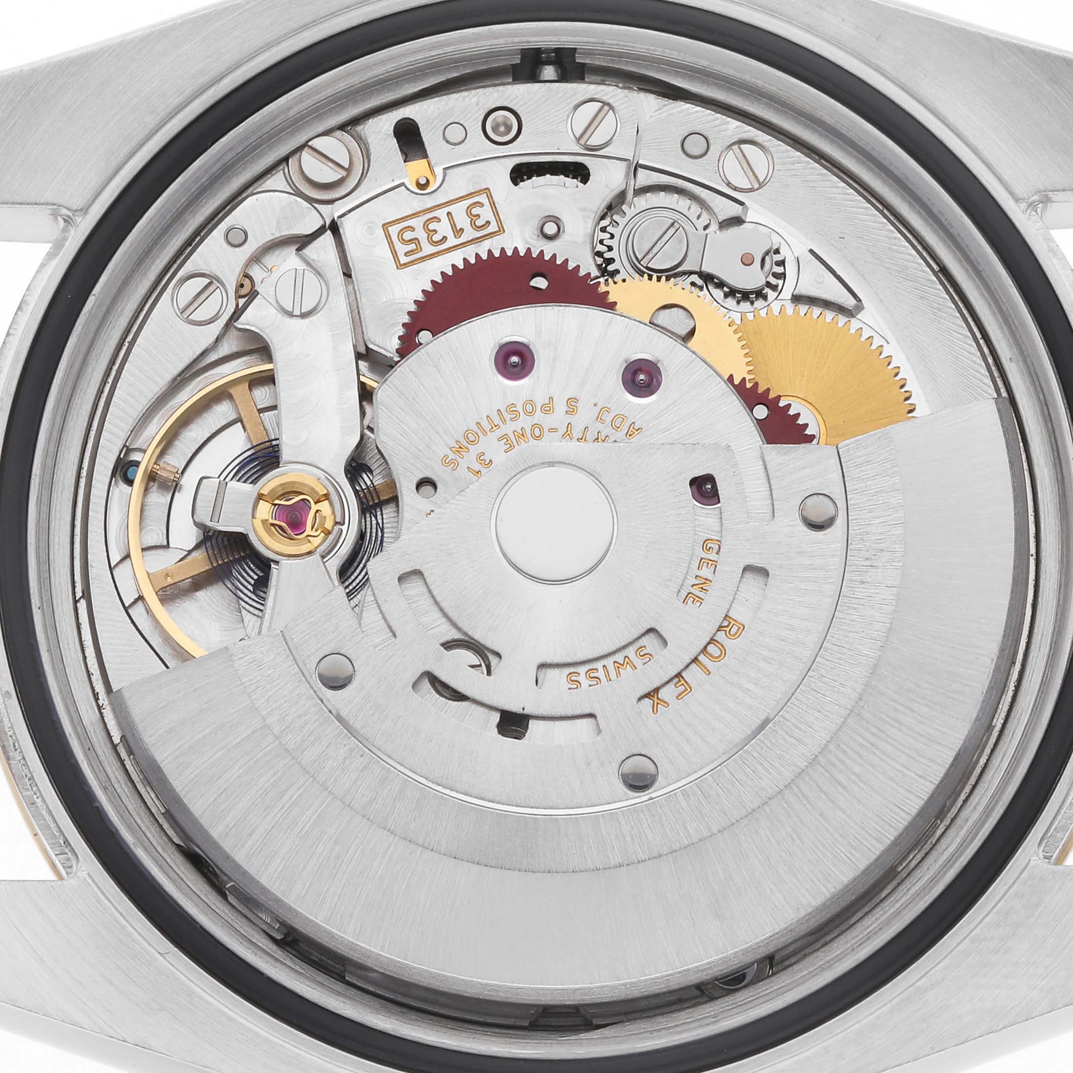The image shows the intricate internal mechanism of a Rolex Datejust model 116233 watch from a top-down angle, highlighting gears and components.