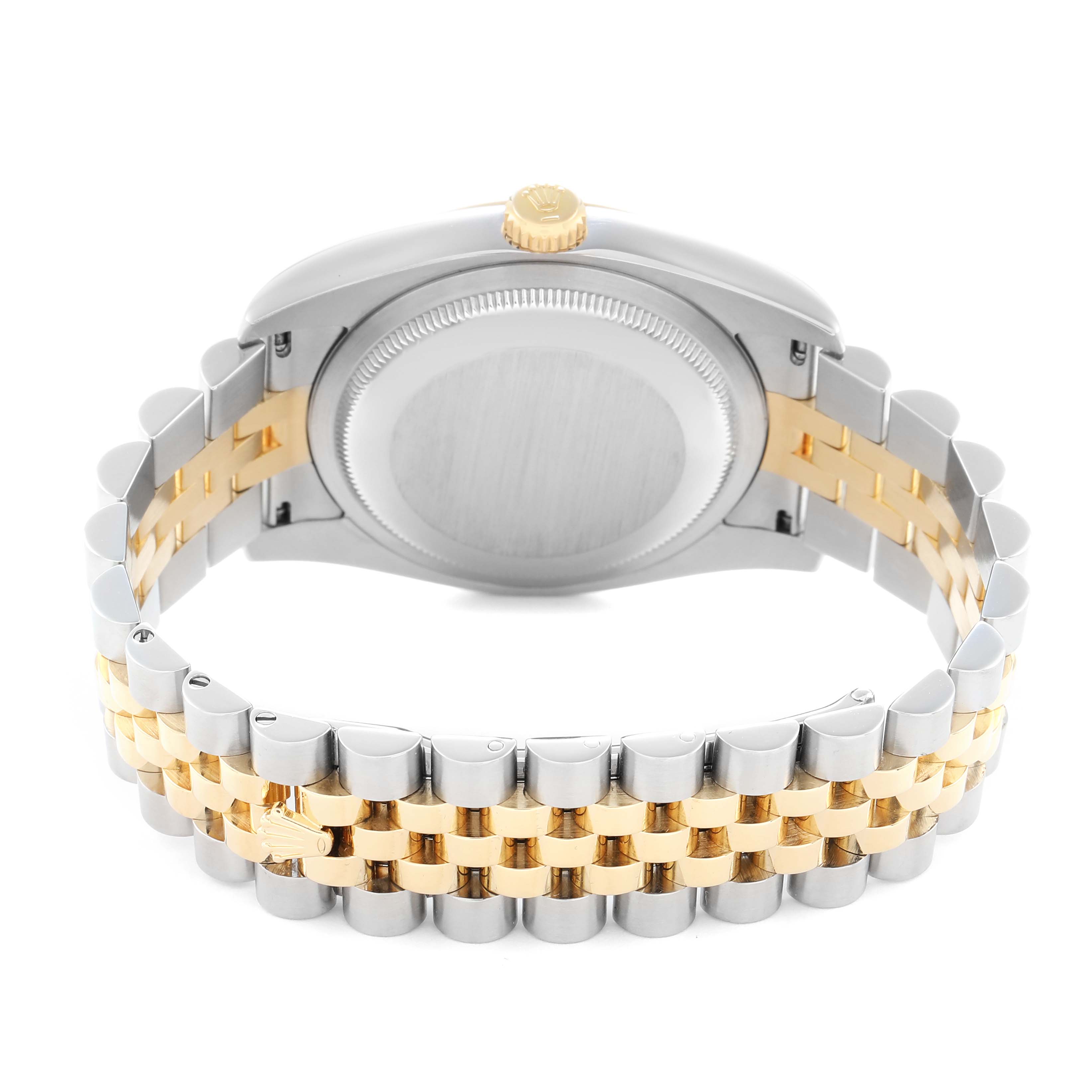 The image shows the back of a Rolex Datejust model 116233 men
s watch, focusing on the stainless steel and gold Jubilee bracelet and the case back.