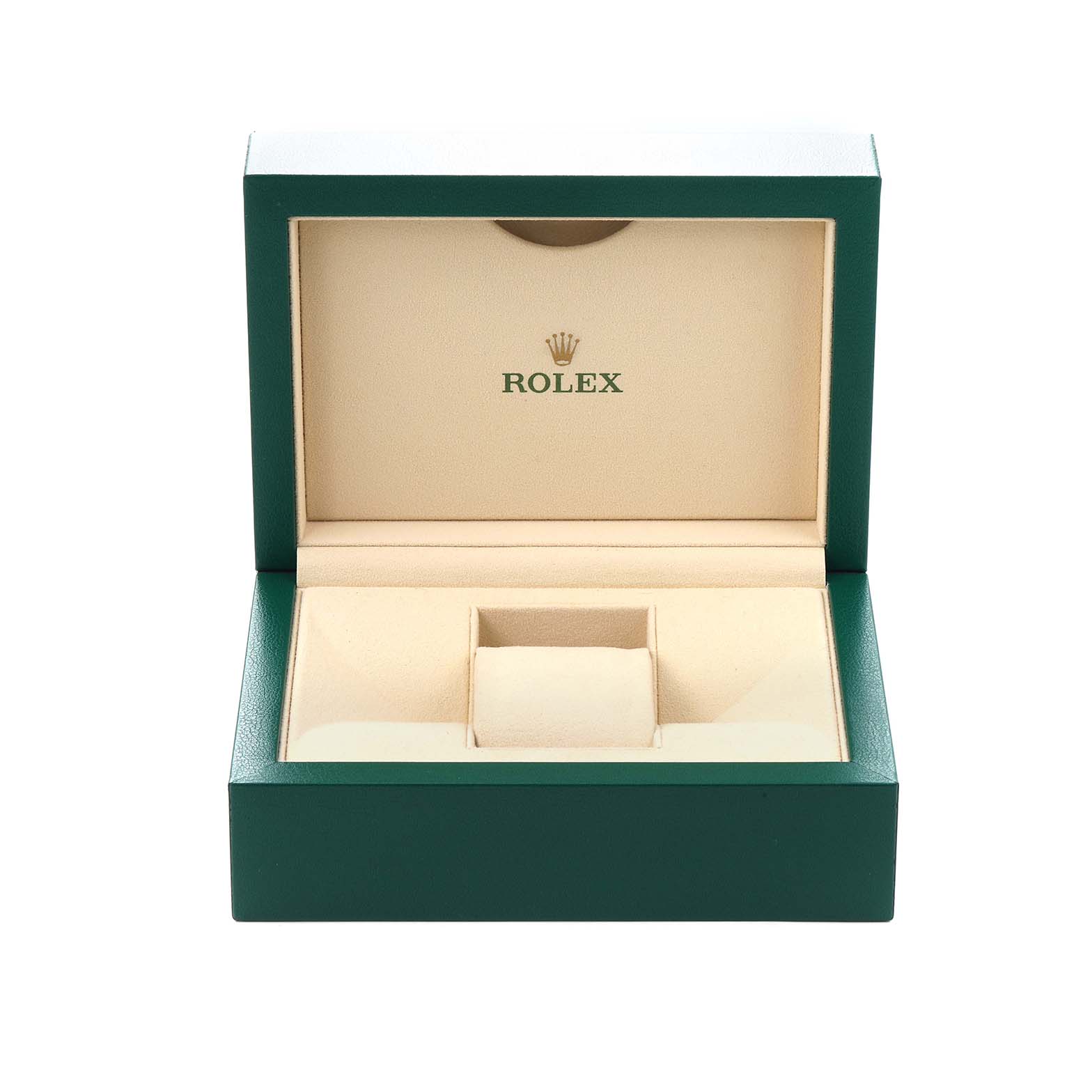 The image shows an open green and beige Rolex watch box, associated with the Datejust model 116233, but not the watch itself.