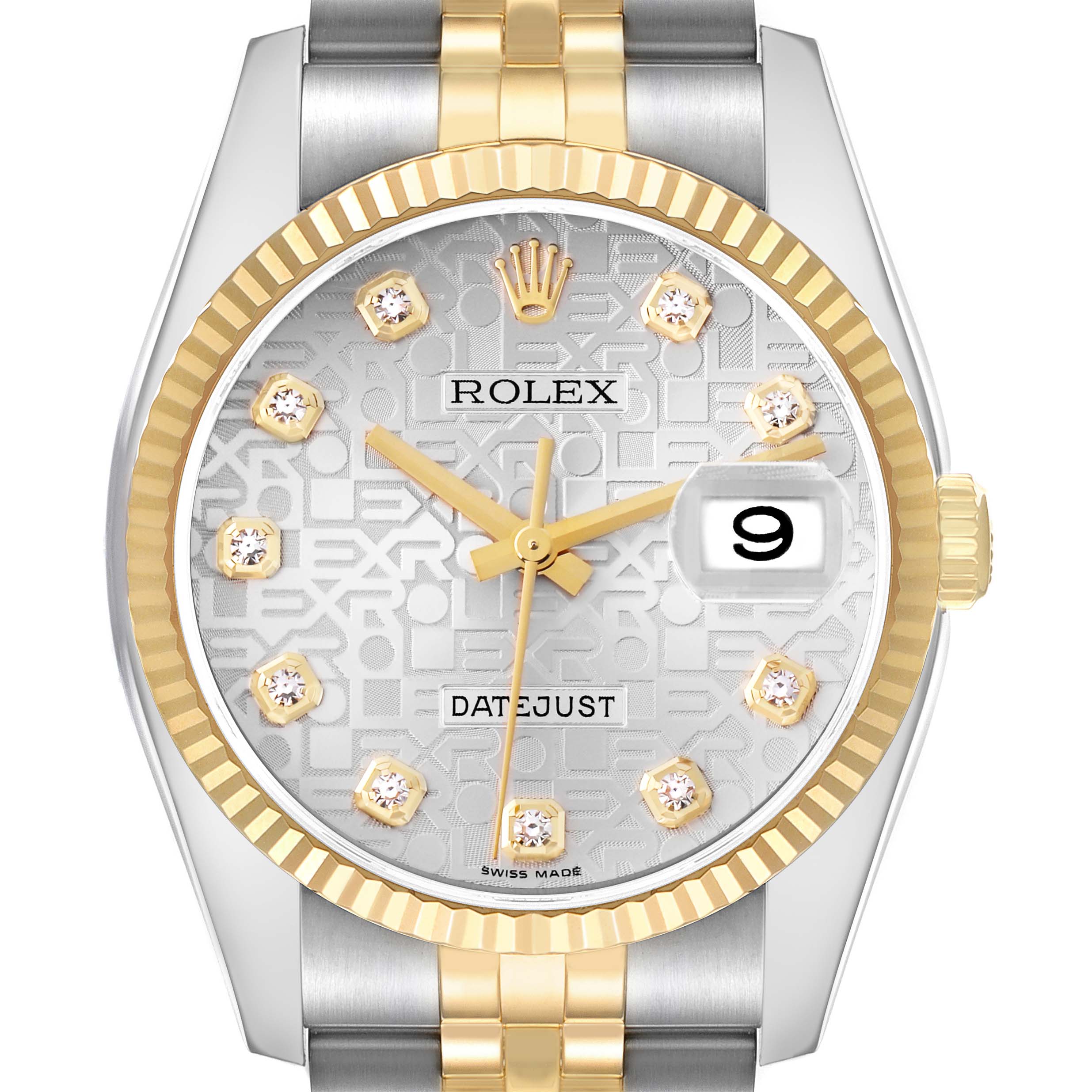 The Rolex Datejust model 116233 is shown from a front angle, highlighting the dial, bezel, and part of the bracelet.