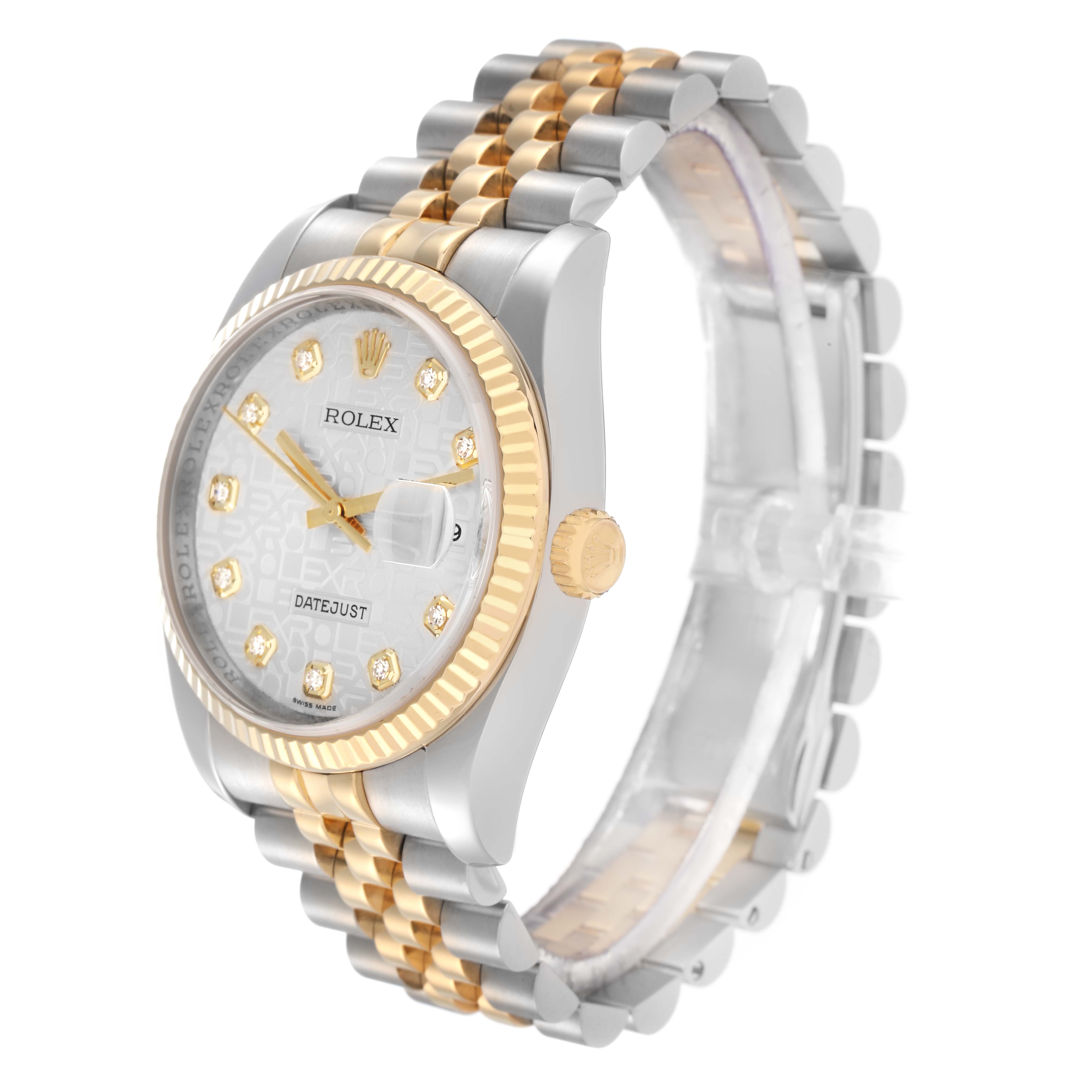 The Rolex Datejust model 116233 is shown at an angled side view, featuring the bracelet, fluted bezel, and dial with diamond markers.