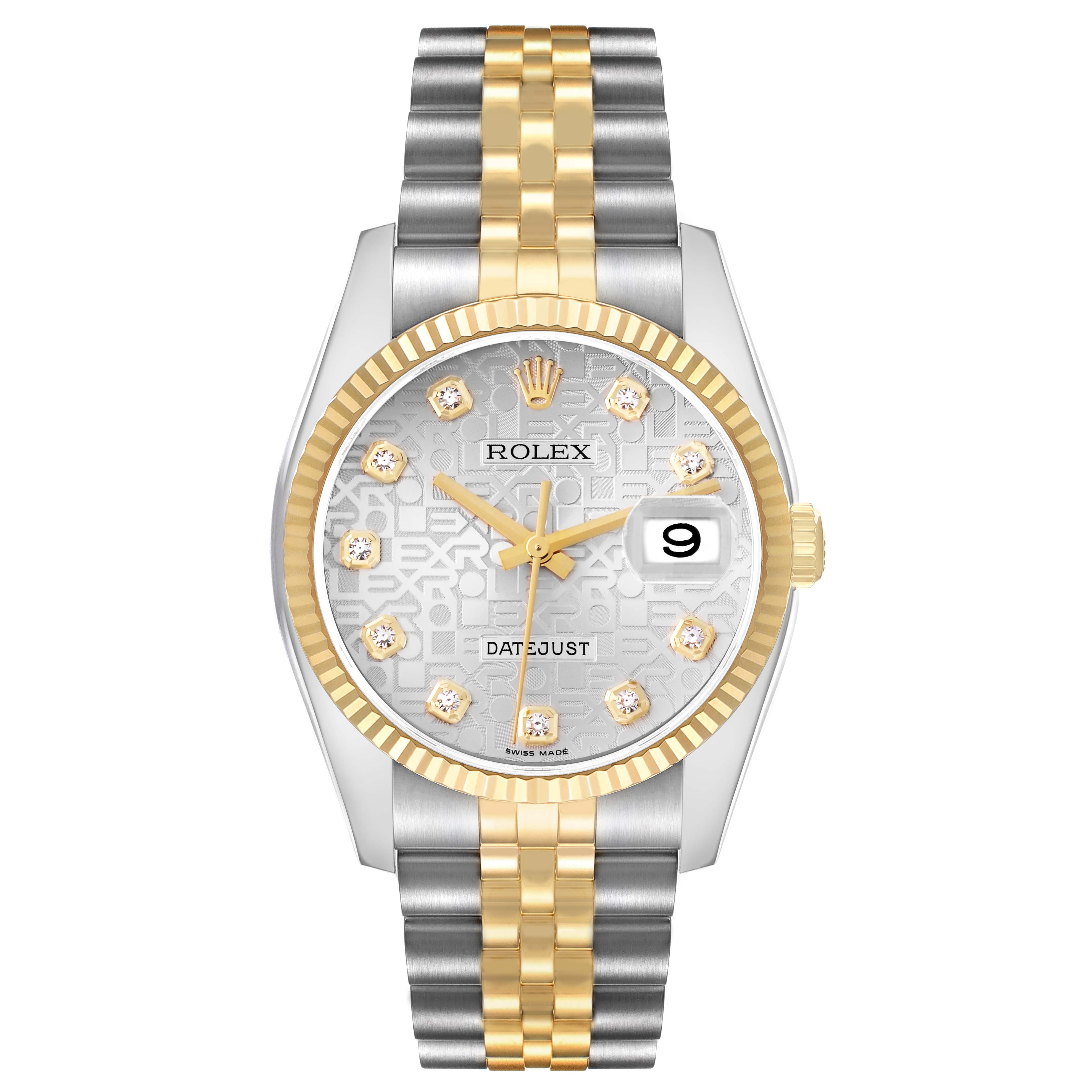 The Rolex Datejust model 116233 is shown from the front, highlighting its dial, fluted bezel, and two-tone bracelet.