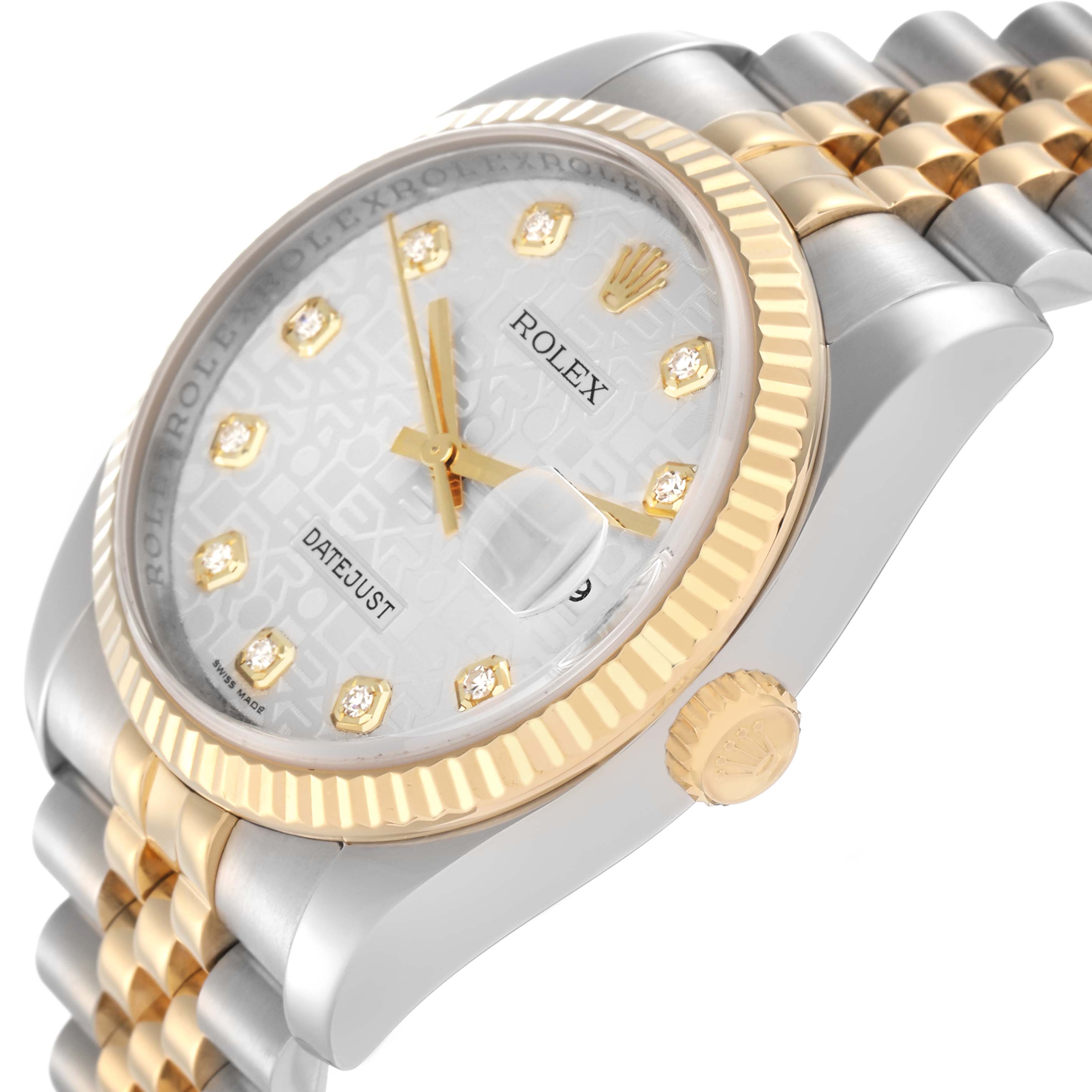 The image shows a close-up of the Rolex Datejust model 116233 from an angled side view, highlighting its fluted bezel, jubilee bracelet, and diamond dial.
