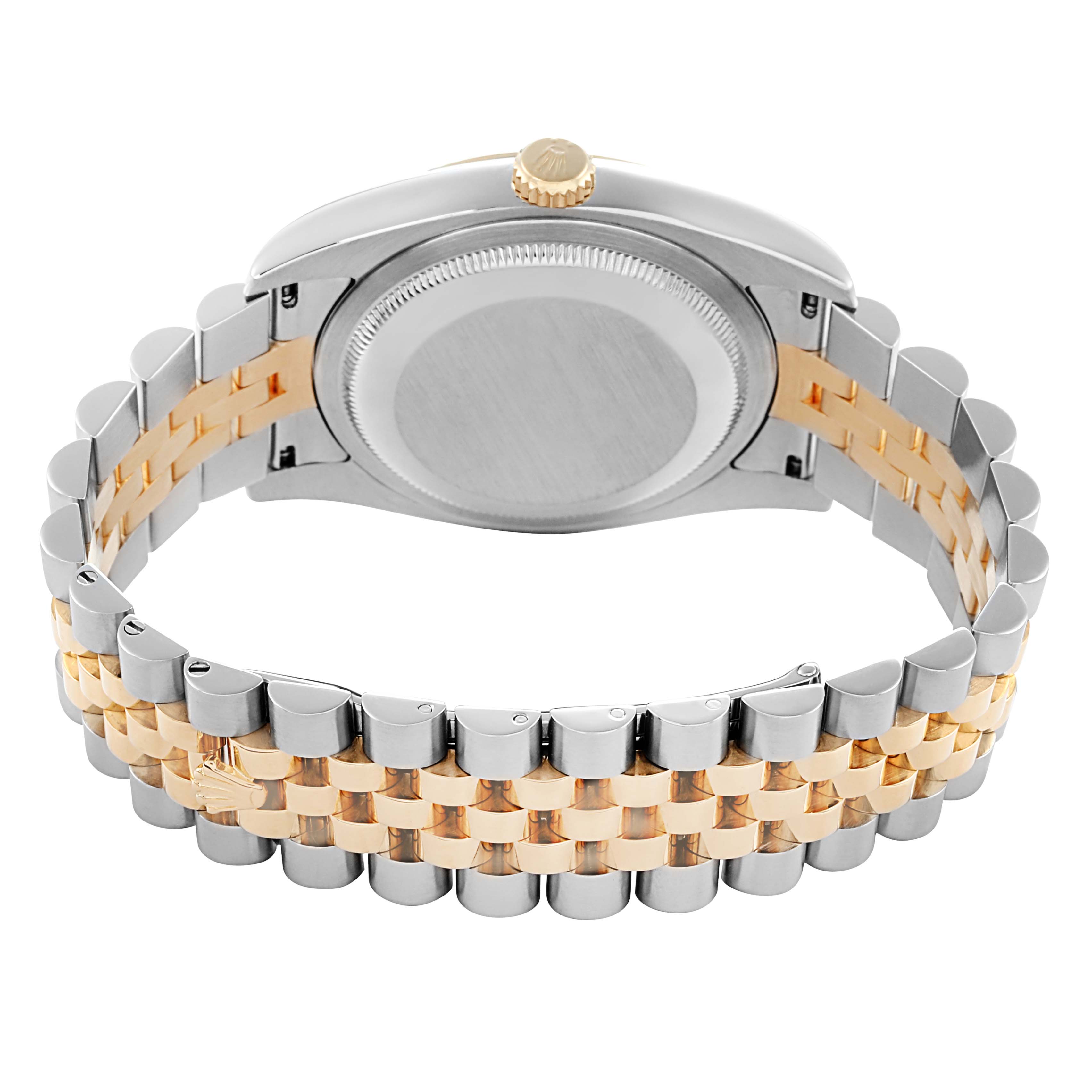 The Rolex Datejust model 116233 is shown from the back, highlighting the case, crown, and a two-tone Jubilee bracelet.