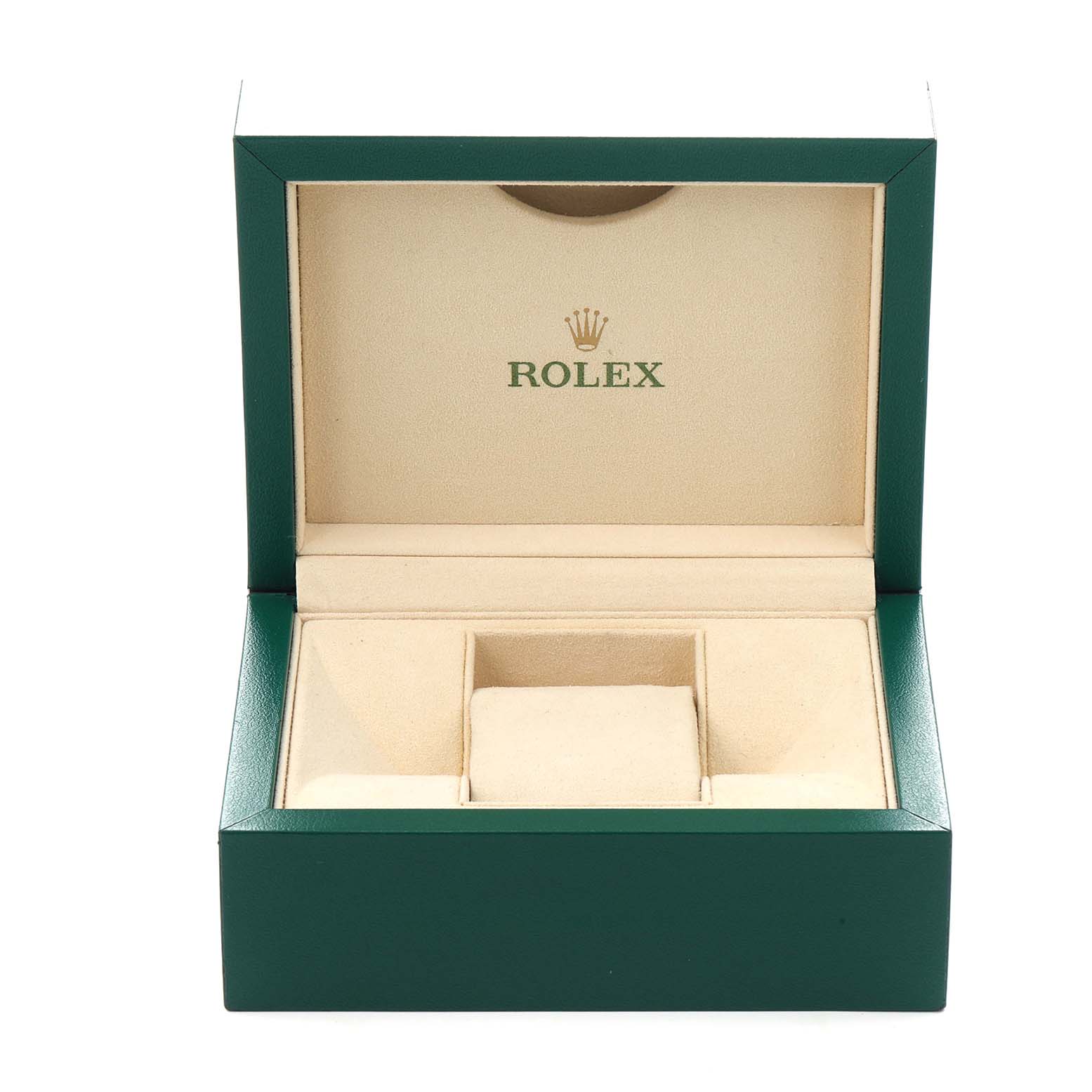 The image shows an open Rolex watch box without the Datejust model 116233 watch, showcasing the interior compartments from a front angle.