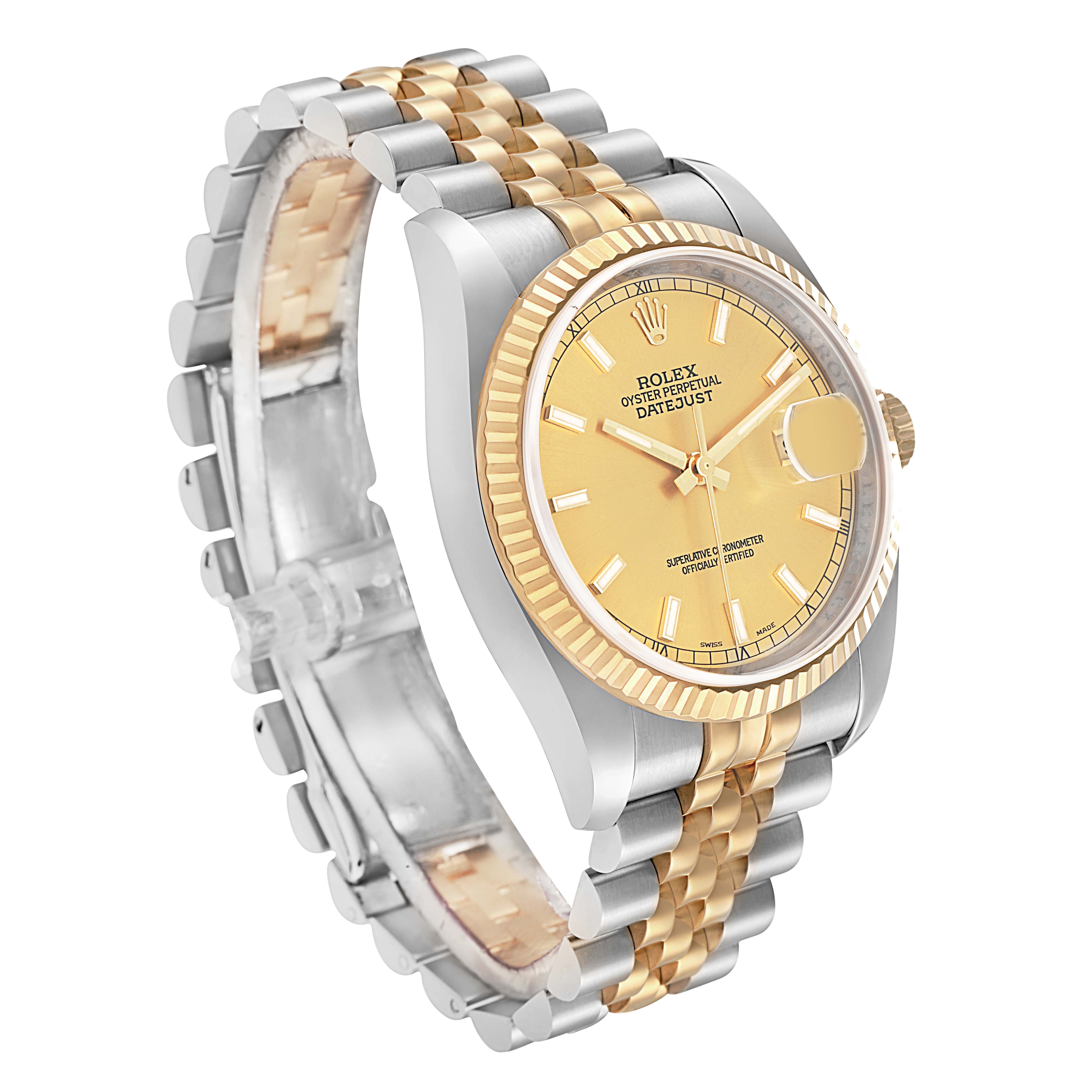 The Rolex Datejust model 116233 is shown at a three-quarter angle, displaying the gold and silver Jubilee bracelet, fluted bezel, and champagne dial.