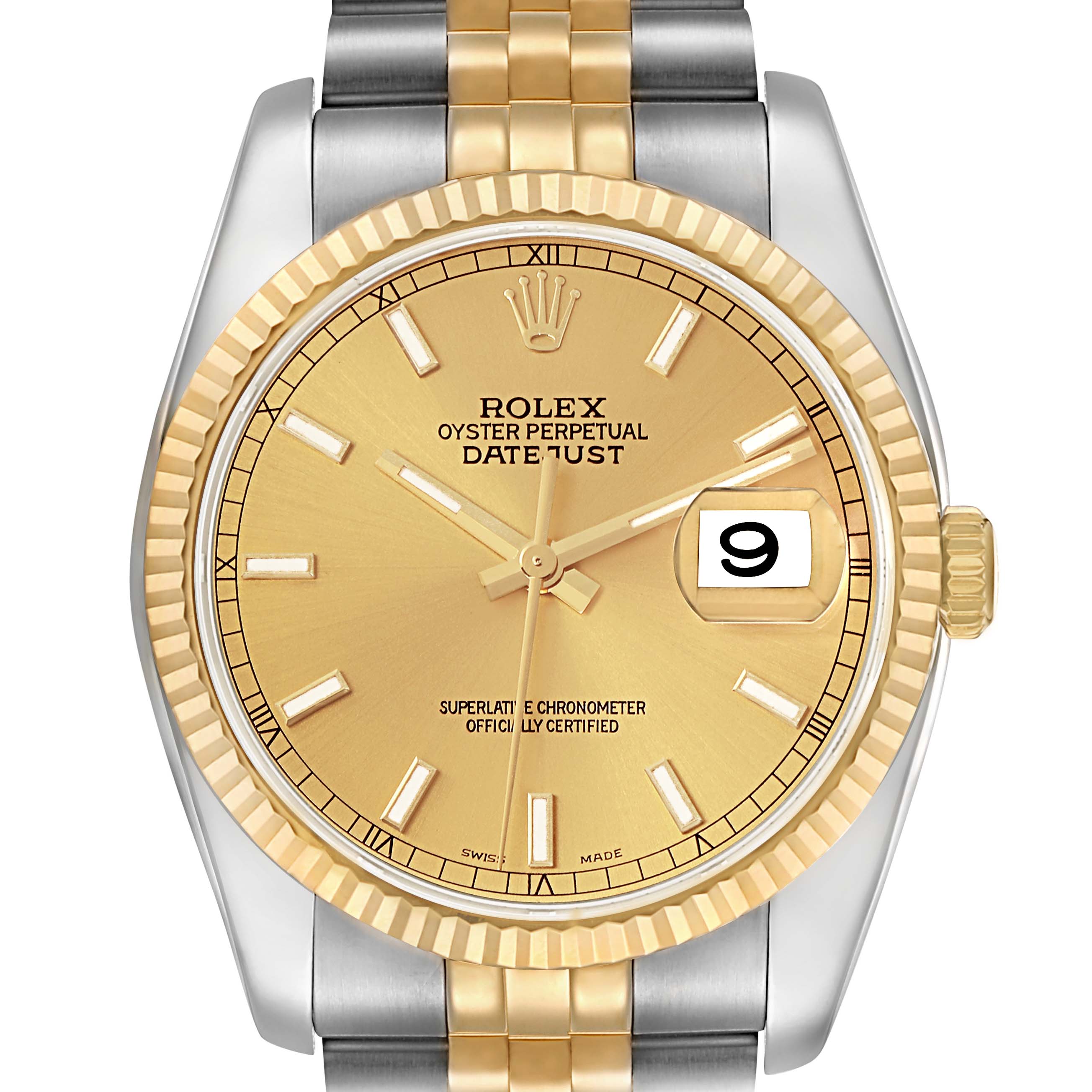The Rolex Datejust model 116233 is shown from a top-down angle, highlighting the dial, bezel, and part of the bracelet.