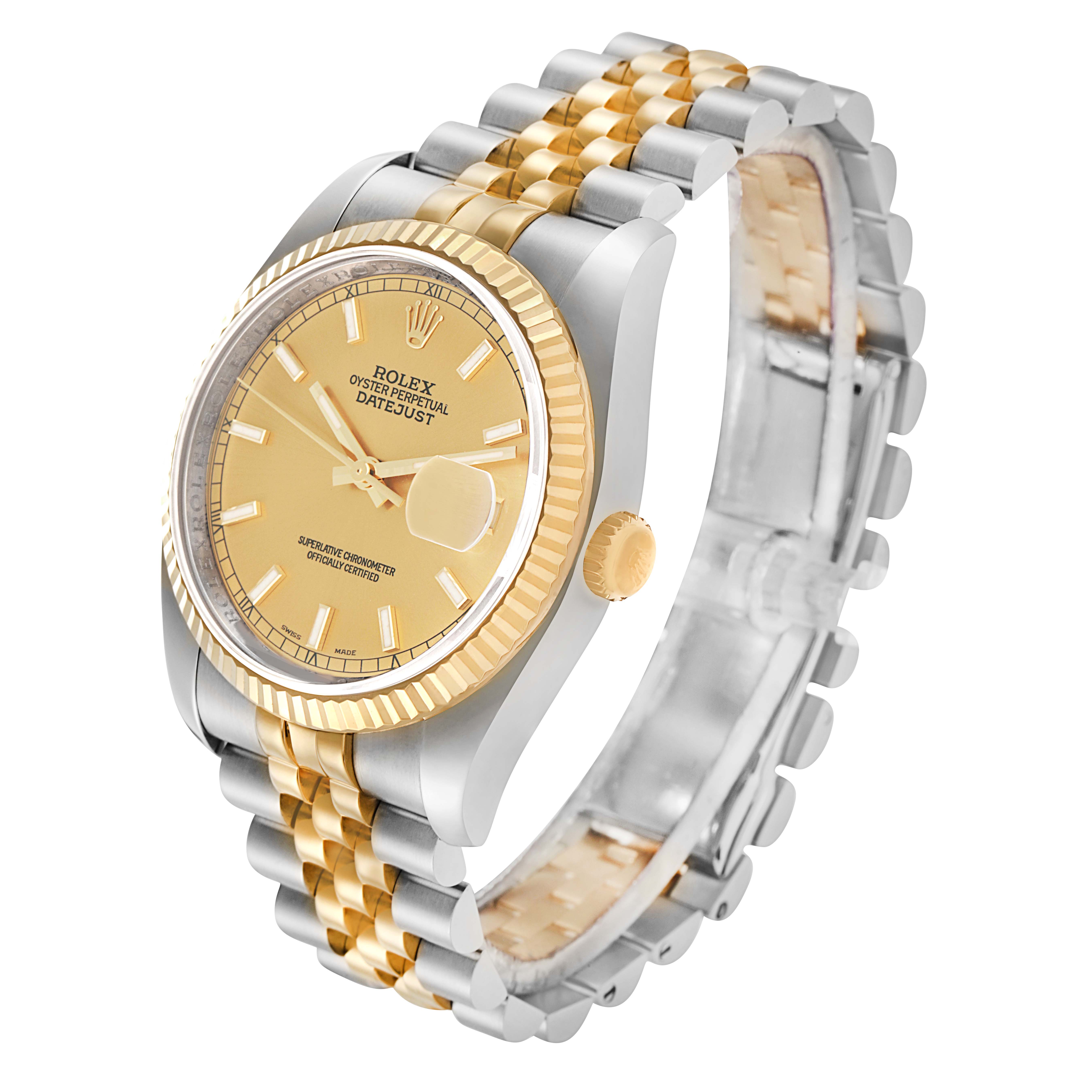 The image shows a Rolex Datejust model 116233 at a three-quarter angle, highlighting its yellow gold and stainless steel Jubilee bracelet, fluted bezel, and face.