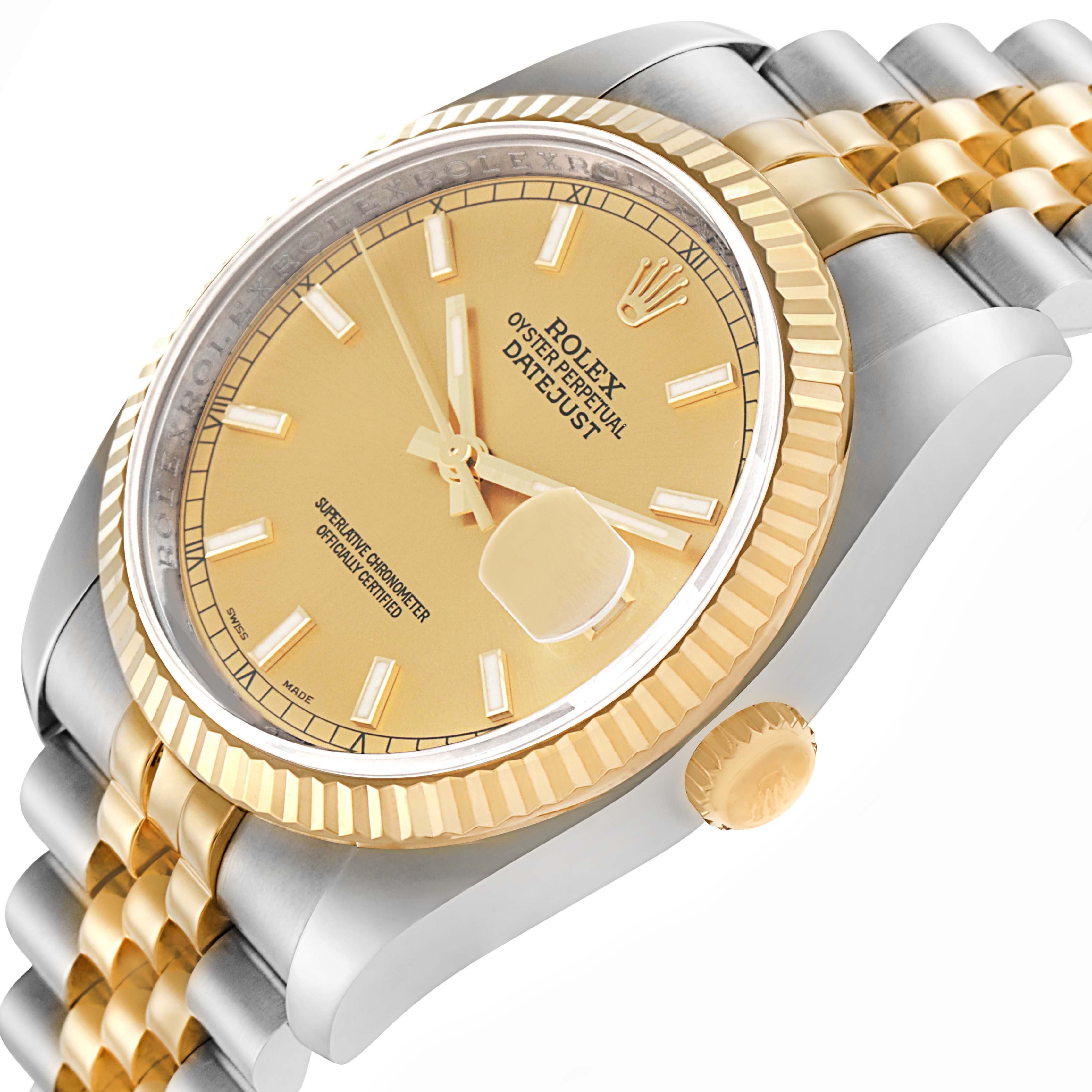 The image shows a Rolex Datejust model 116233 from a tilted angle, highlighting the face, bezel, crown, and jubilee bracelet.