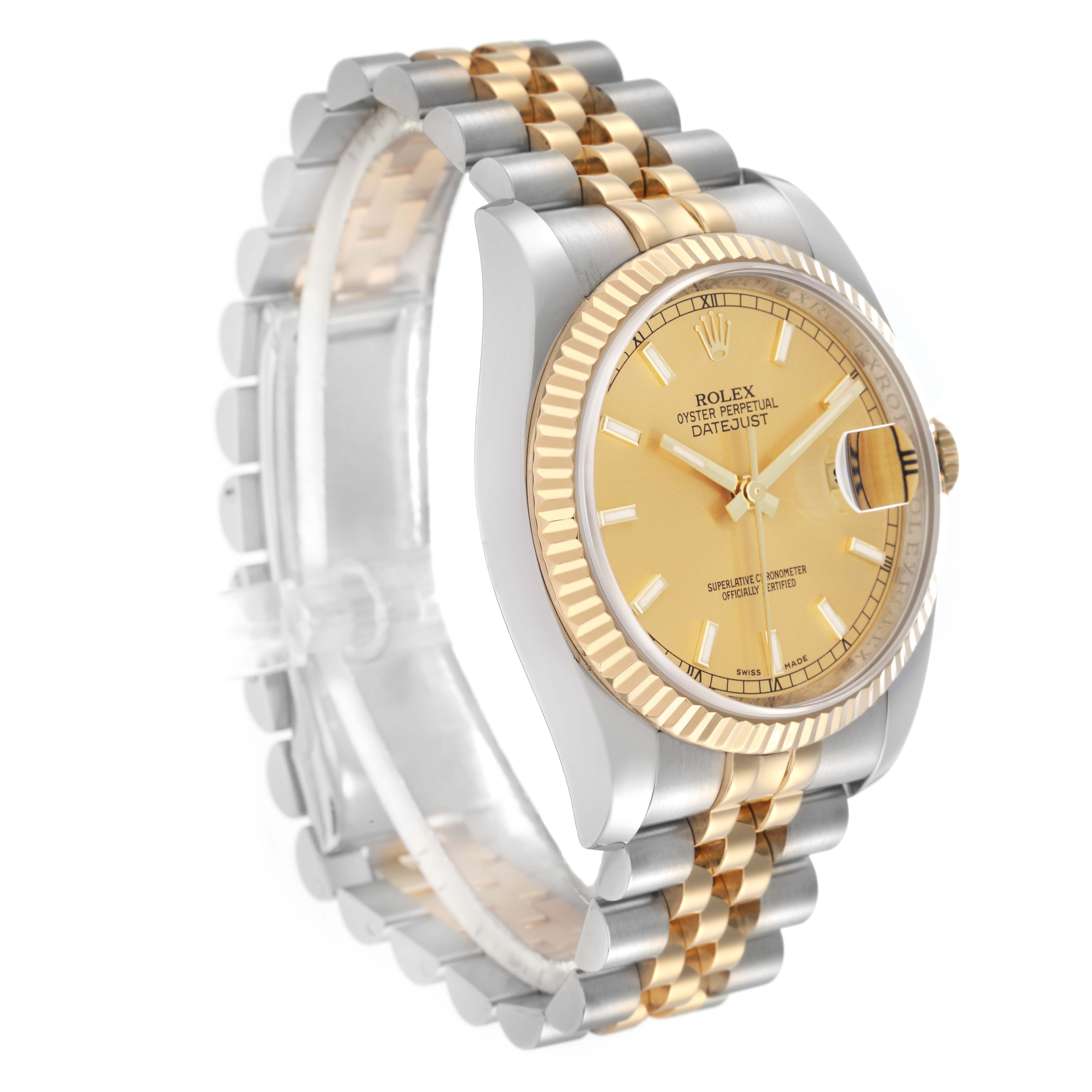 The image shows a Rolex Datejust 116233 men
s watch at a slight angle, displaying the gold dial, fluted bezel, and two-tone Jubilee bracelet.