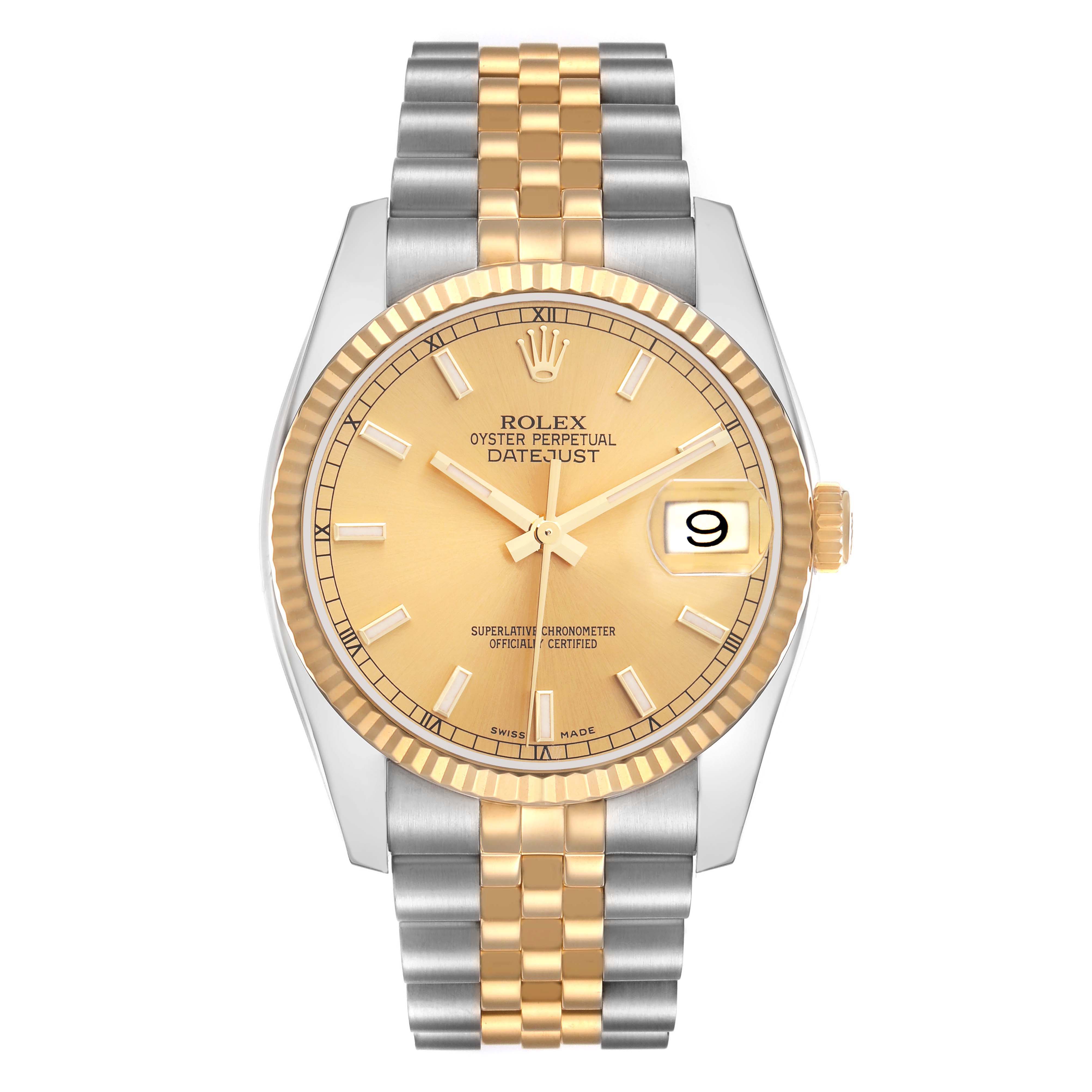The Rolex Datejust model 116233 watch is shown from the front, highlighting its gold and silver jubilee bracelet, gold dial, and date feature with a fluted bezel.