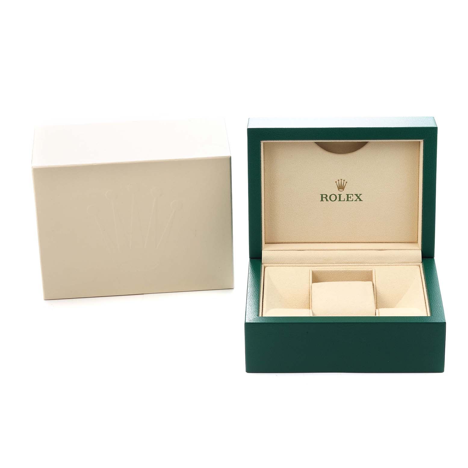 The image shows an open Rolex Datejust model 116233 watch box with a cream protective sleeve on the left.