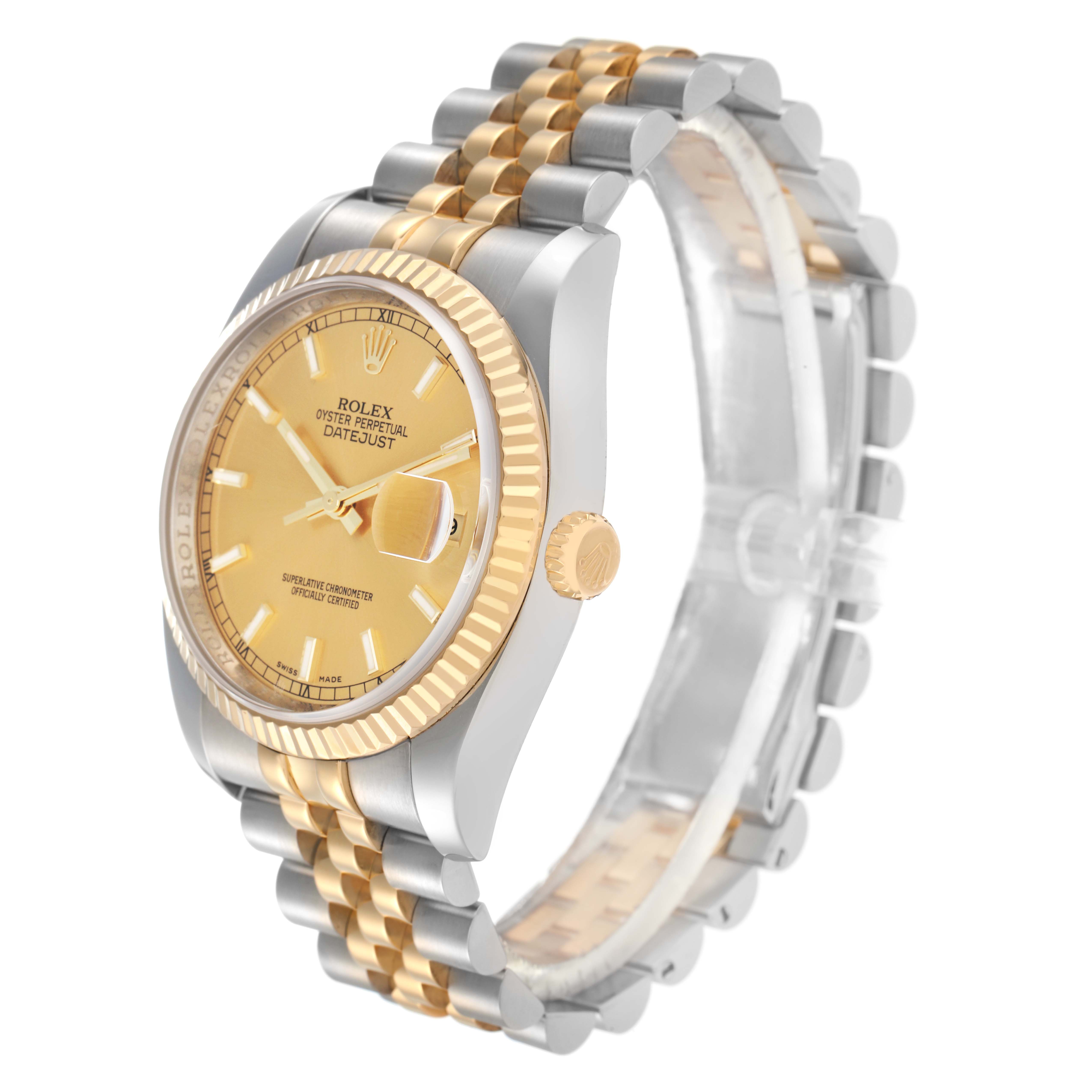 The Rolex Datejust model 116233 is shown from a three-quarter angle, highlighting its gold and silver case, bezel, crown, dial, and Jubilee bracelet.