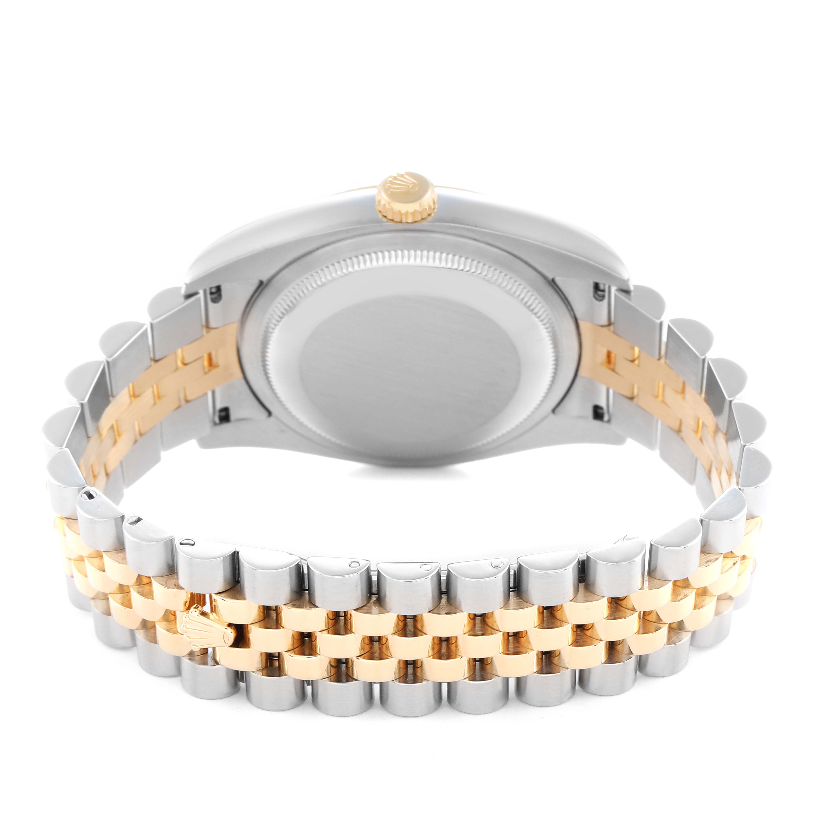The image shows the back view of a Rolex Datejust model 116233 men
s watch, highlighting its two-tone jubilee bracelet and case back.