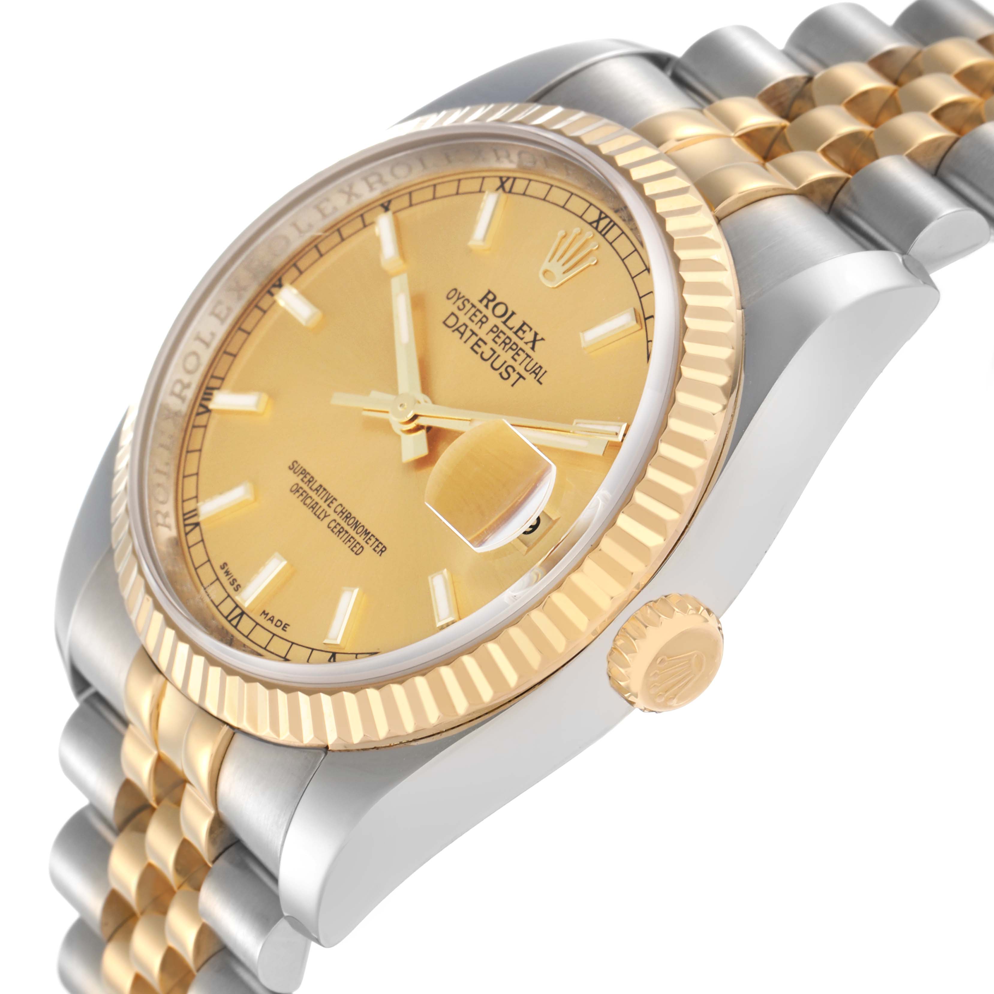 This image shows a Rolex Datejust model 116233 men
s watch at a slight angle, highlighting the gold and silver bracelet, gold bezel, and champagne dial.