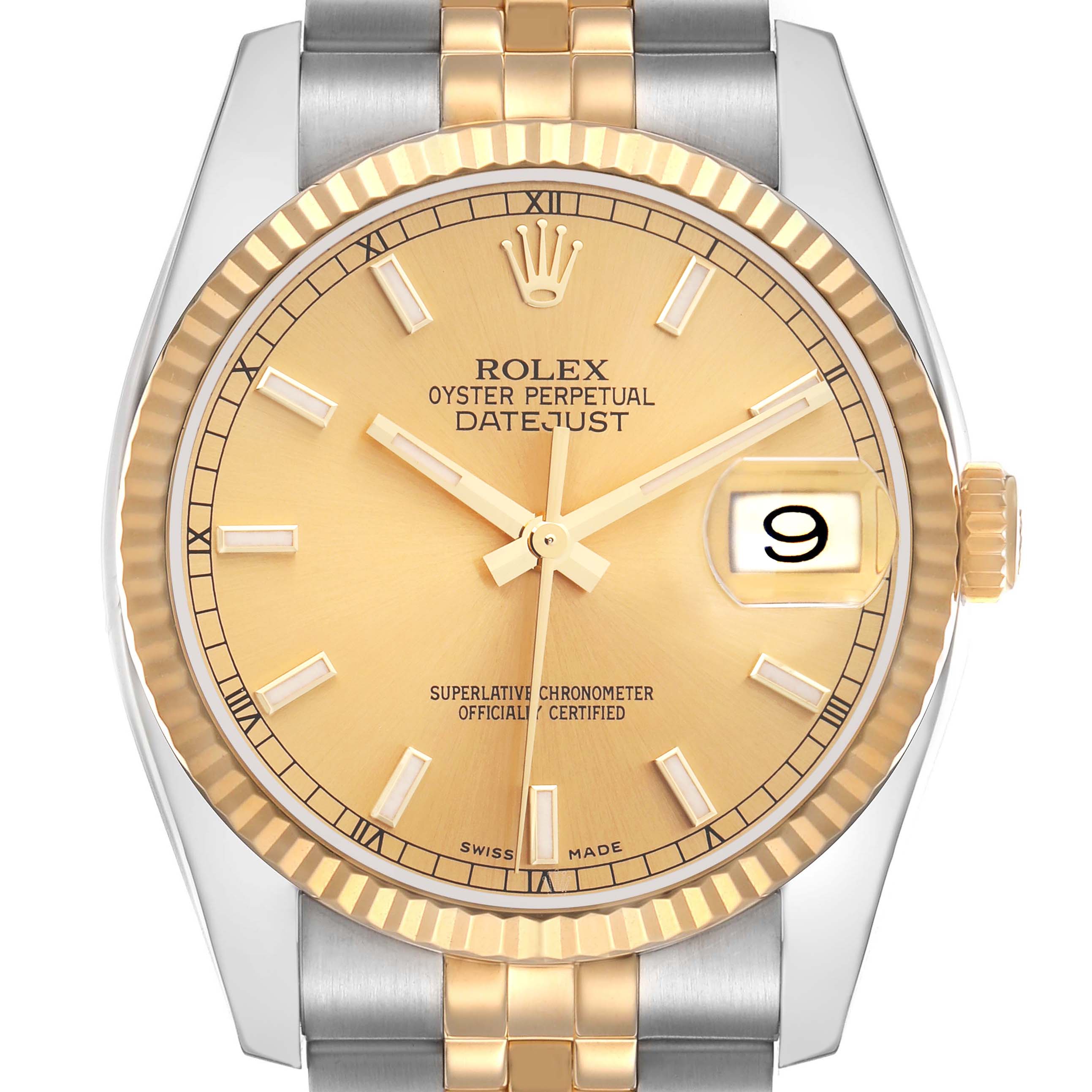 The image shows a front view of a Rolex Datejust model 116233 men
s watch, highlighting the dial, bezel, and bracelet.