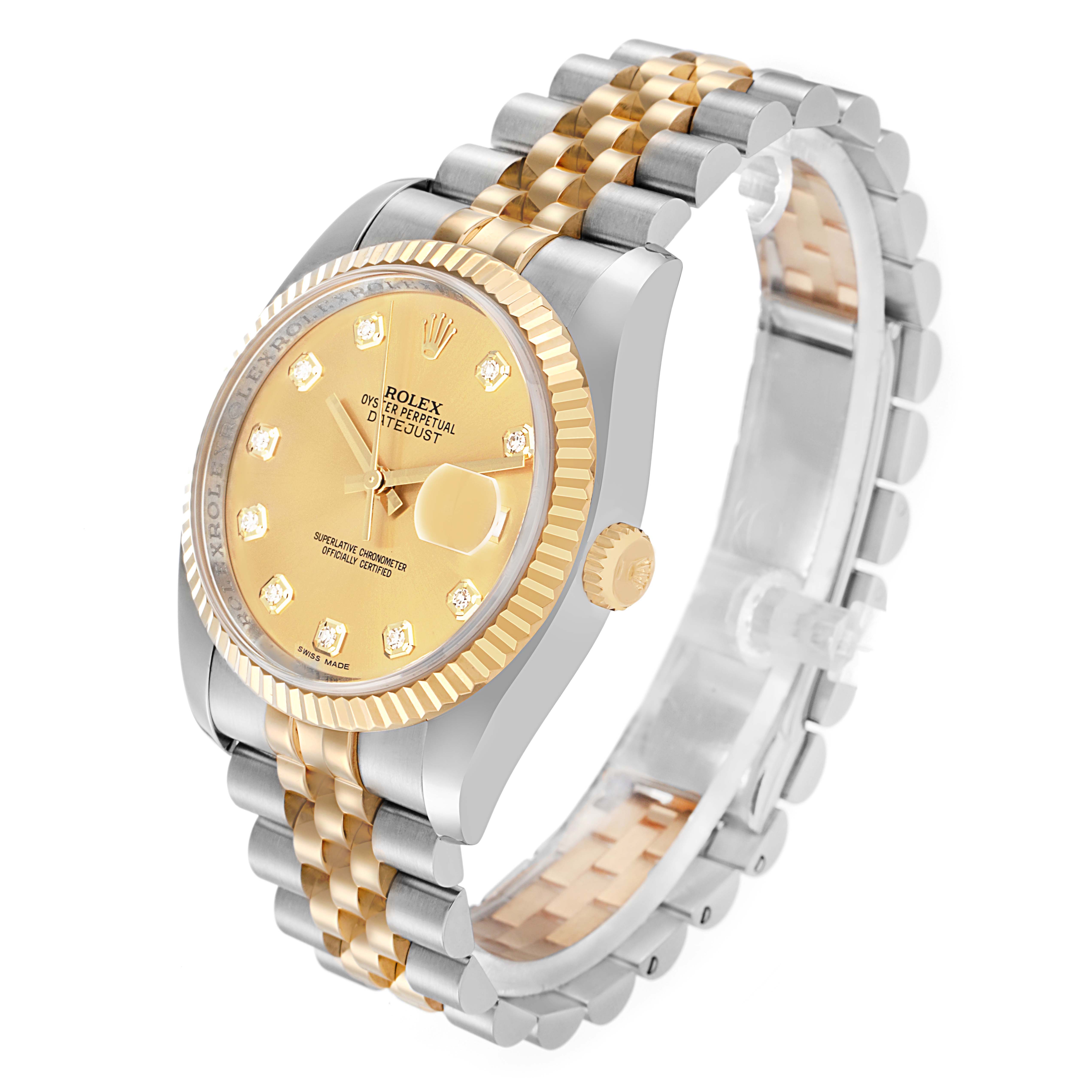 The image shows a Rolex Datejust model 116233 men
s watch at a three-quarter angle, highlighting the gold dial, diamond hour markers, fluted bezel, and two-tone Jubilee bracelet.
