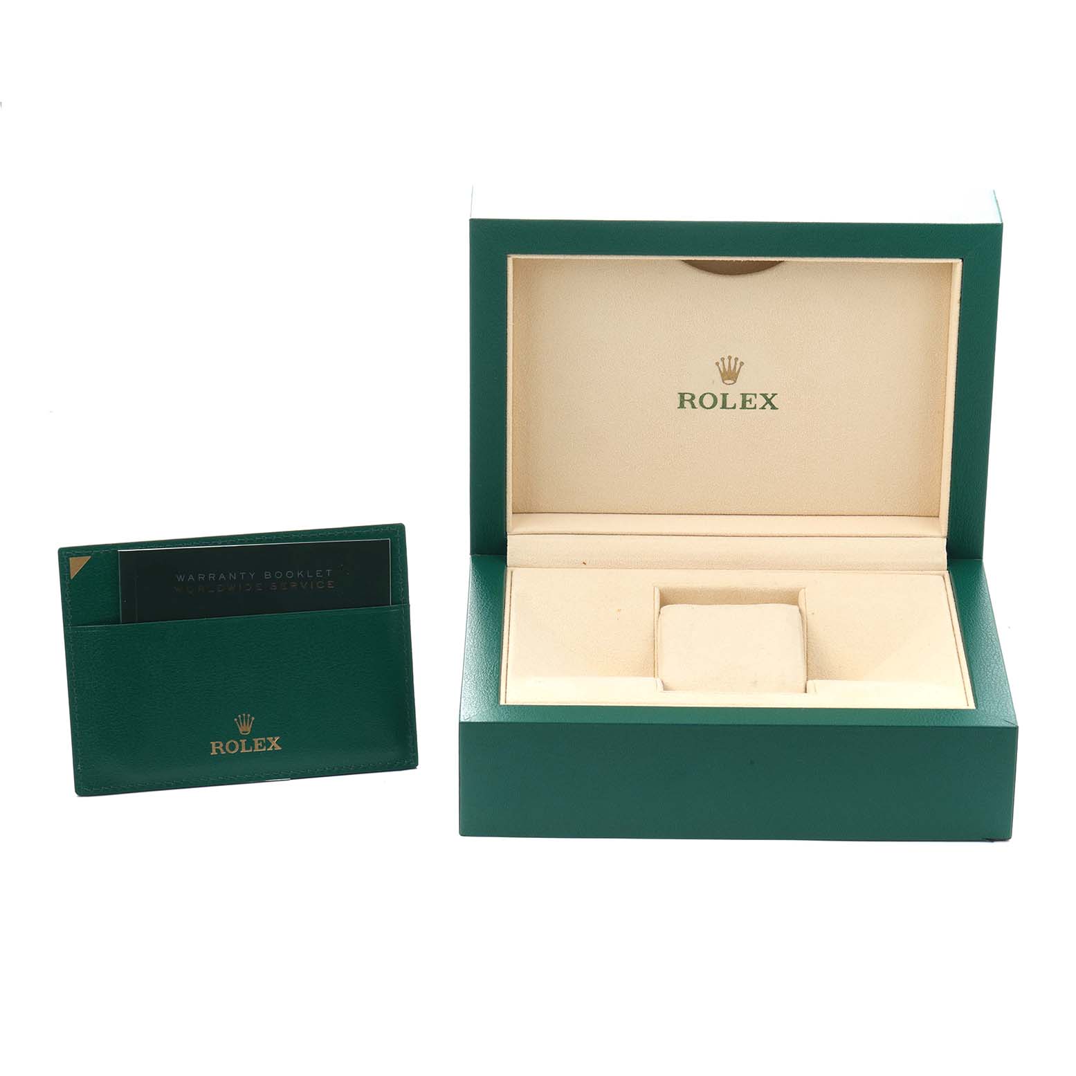 The image shows a Rolex Datejust model 116233 watch box and warranty booklet from a front angle.