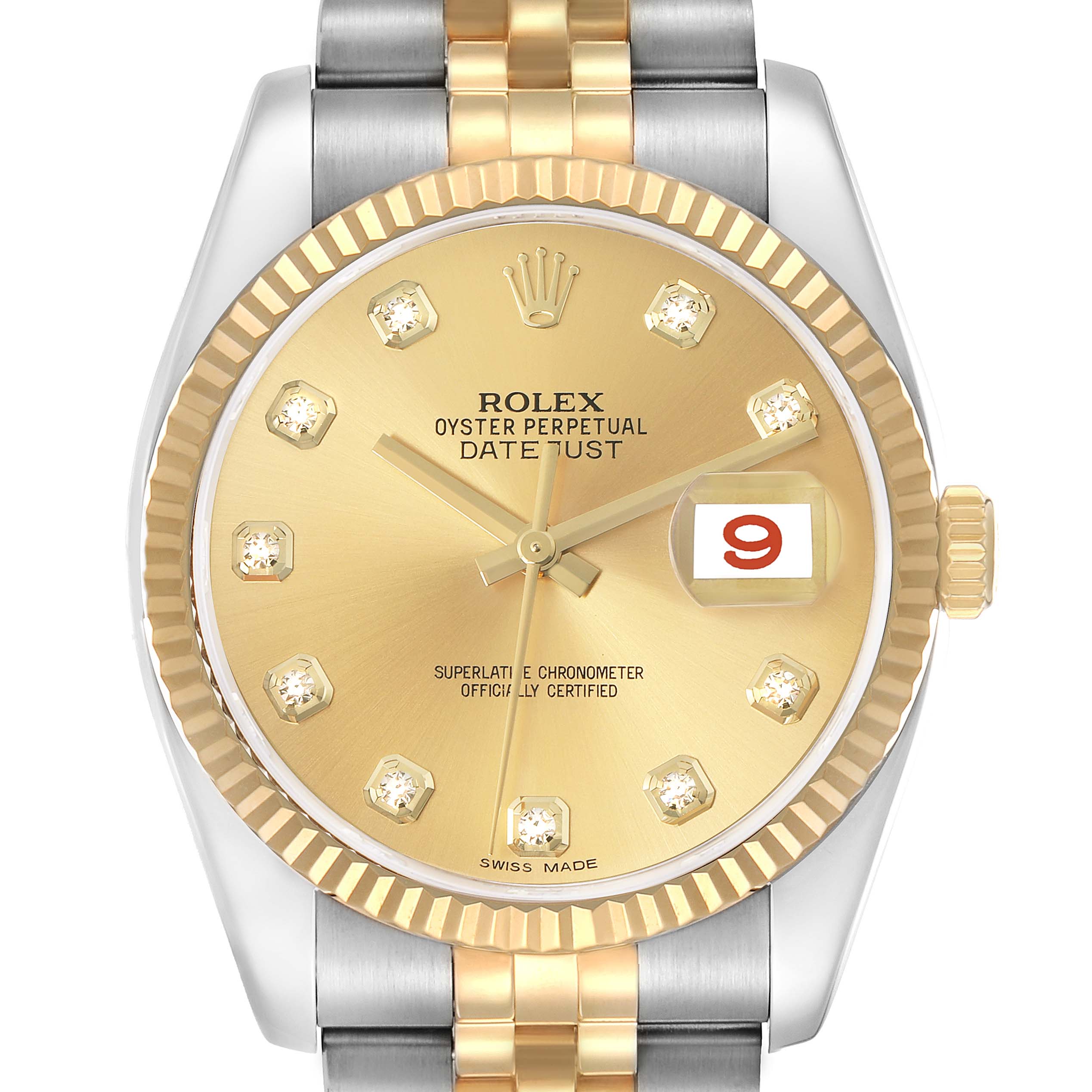 The Rolex Datejust model 116233 watch is shown from a front angle, highlighting the gold dial, fluted bezel, and two-tone jubilee bracelet.