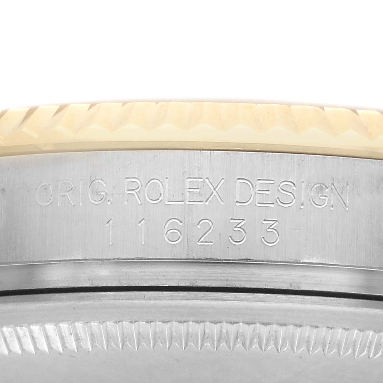 The image shows a close-up of the side of a Rolex Datejust watch, model 116233, highlighting the engraved design and model number details.