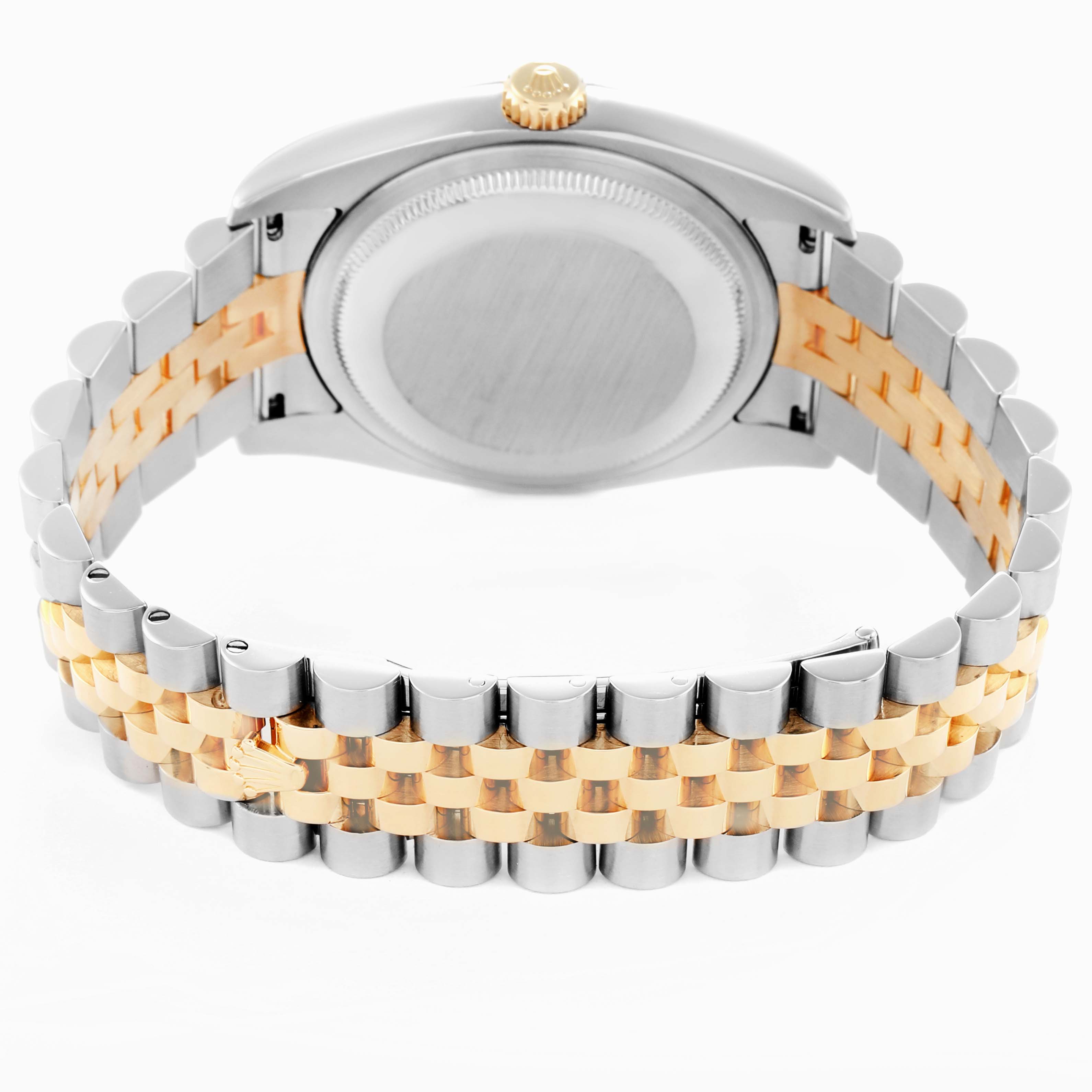 The image shows the back and bracelet of a Rolex Datejust model 116233 men
s watch, highlighting its two-tone metal links and closed caseback from a slightly elevated angle.