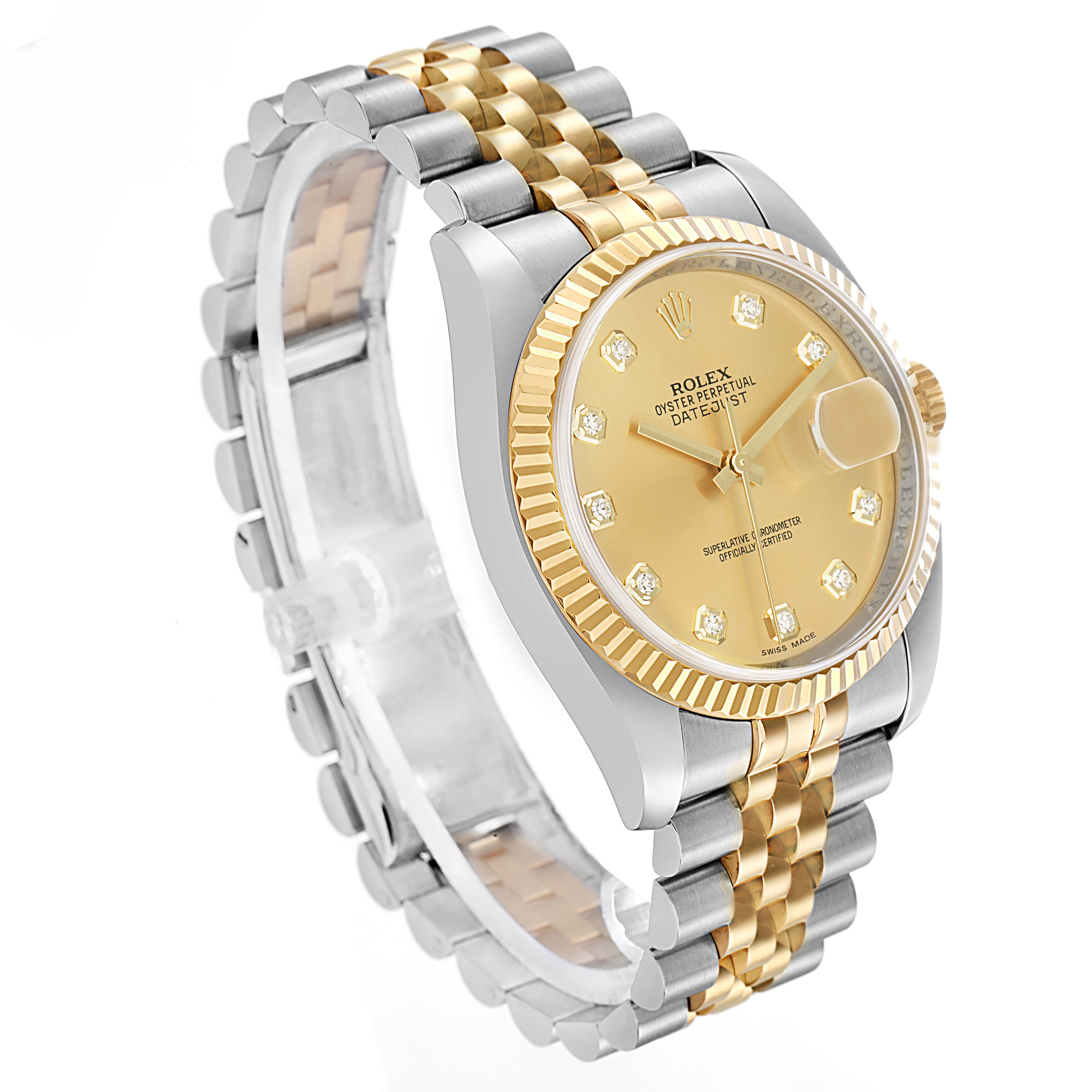The image shows a Rolex Datejust model 116233 men
s watch at a three-quarter angle, highlighting the gold and stainless steel bracelet, fluted bezel, and champagne dial.