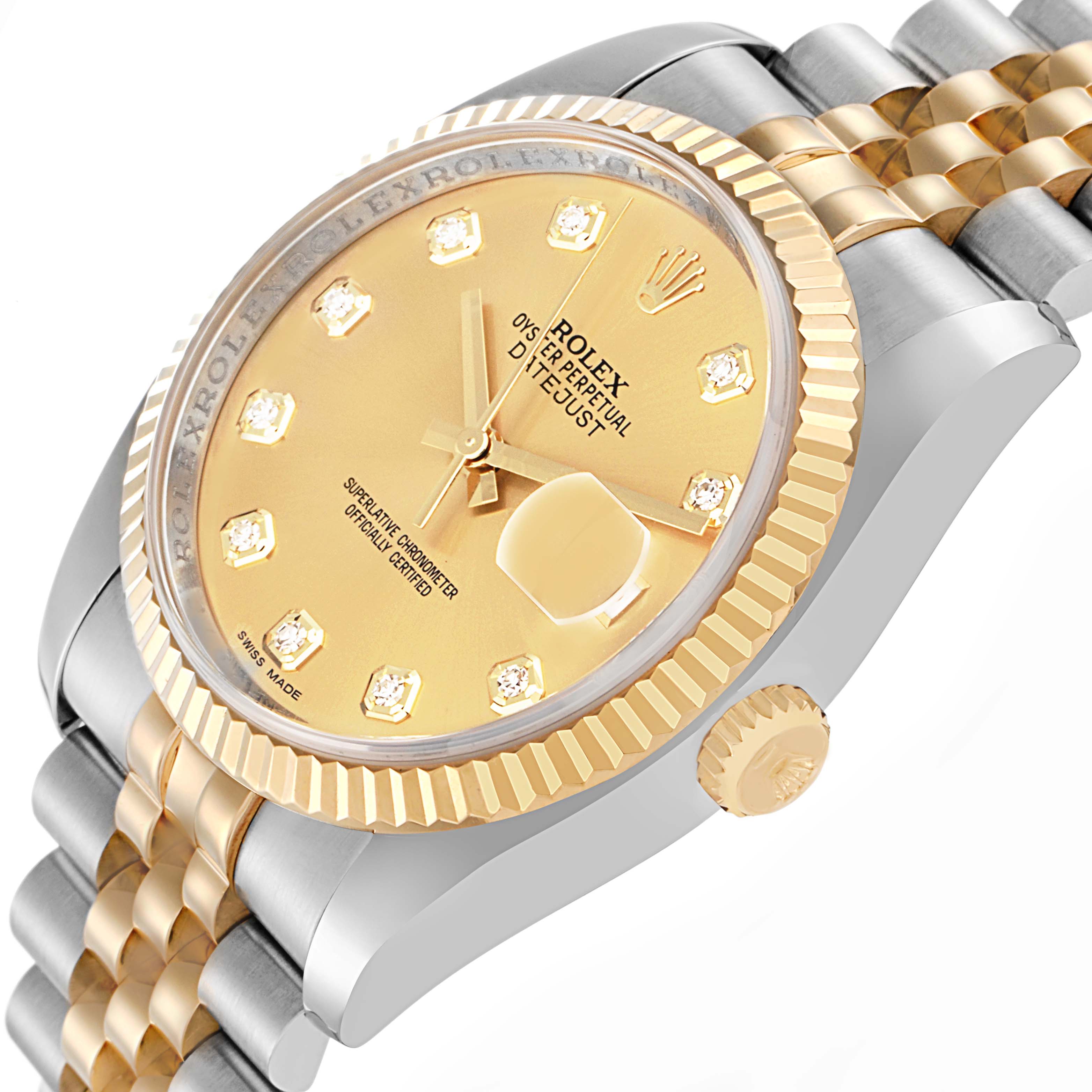 The image shows a Rolex Datejust model 116233 at an angled view, highlighting its gold and silver jubilee bracelet, gold fluted bezel, and champagne diamond dial.