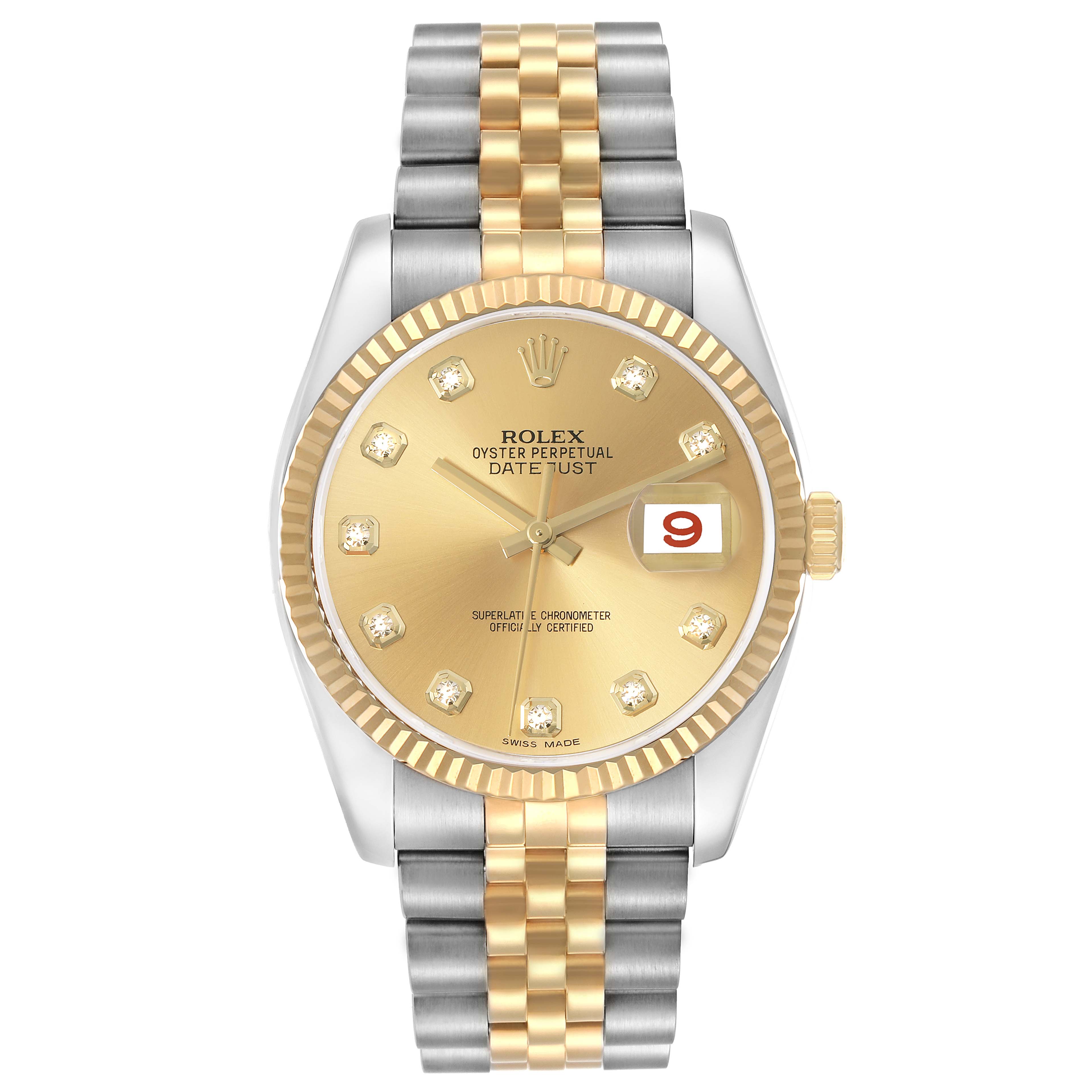 The image shows a front view of the Rolex Datejust model 116233, highlighting its gold dial, diamond hour markers, fluted bezel, and two-tone bracelet.
