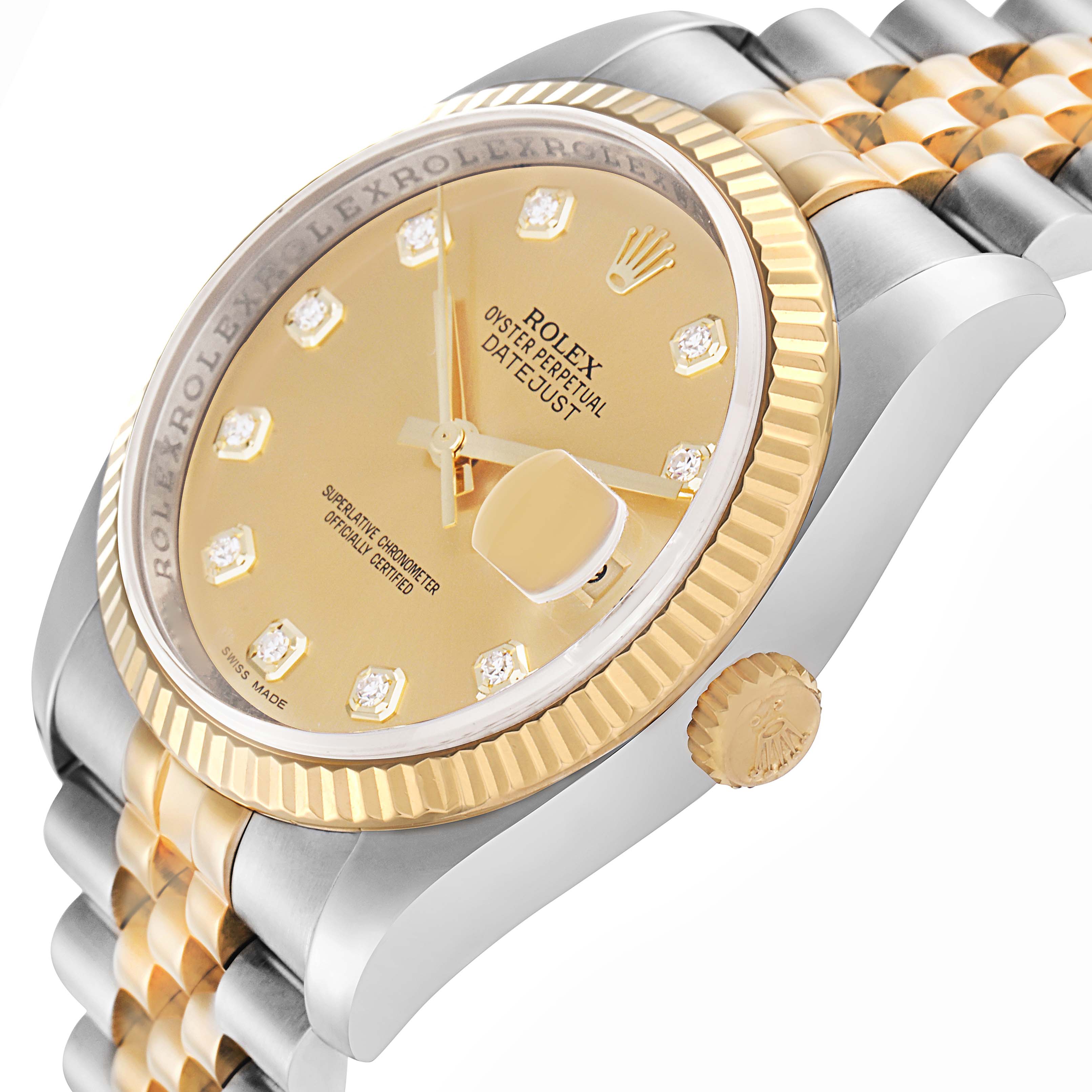 The image shows a side view of a Rolex Datejust model 116233, highlighting the gold and silver jubilee bracelet, fluted bezel, and champagne dial with diamond hour markers.