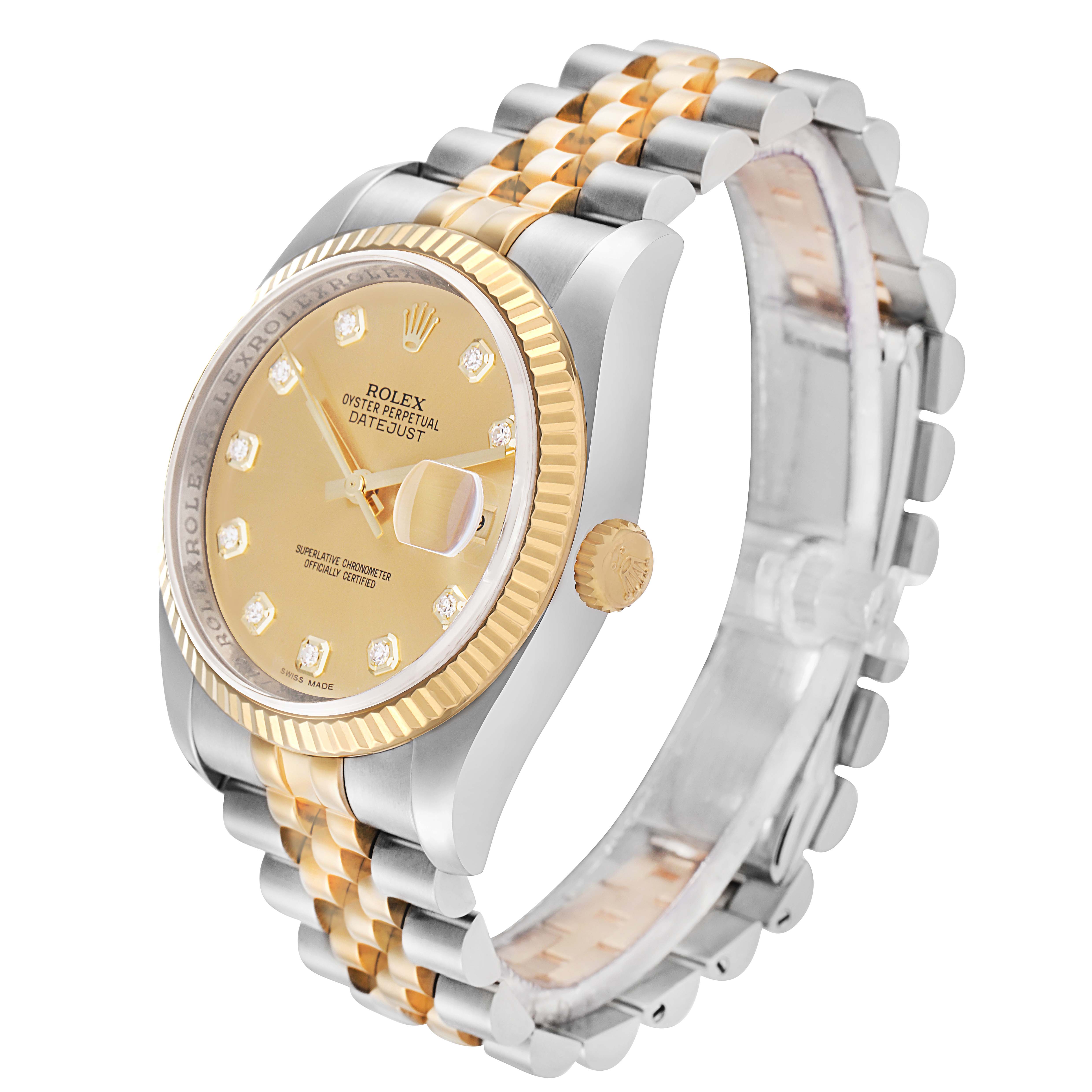 The image shows a Rolex Datejust model 116233 men
s watch at a 3/4 angle, highlighting the gold bezel, champagne dial, diamond indices, and two-tone Jubilee bracelet.