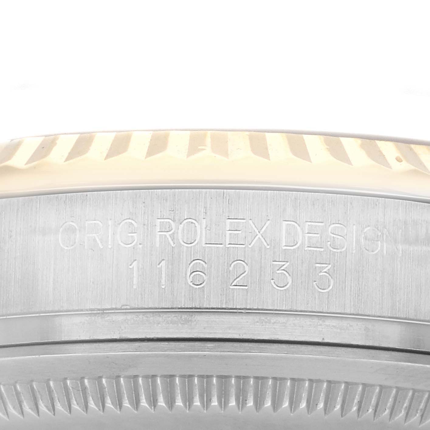 The image shows the side view of the Rolex Datejust men
s watch, model number 116233, focusing on the case edge and engraved design details.
