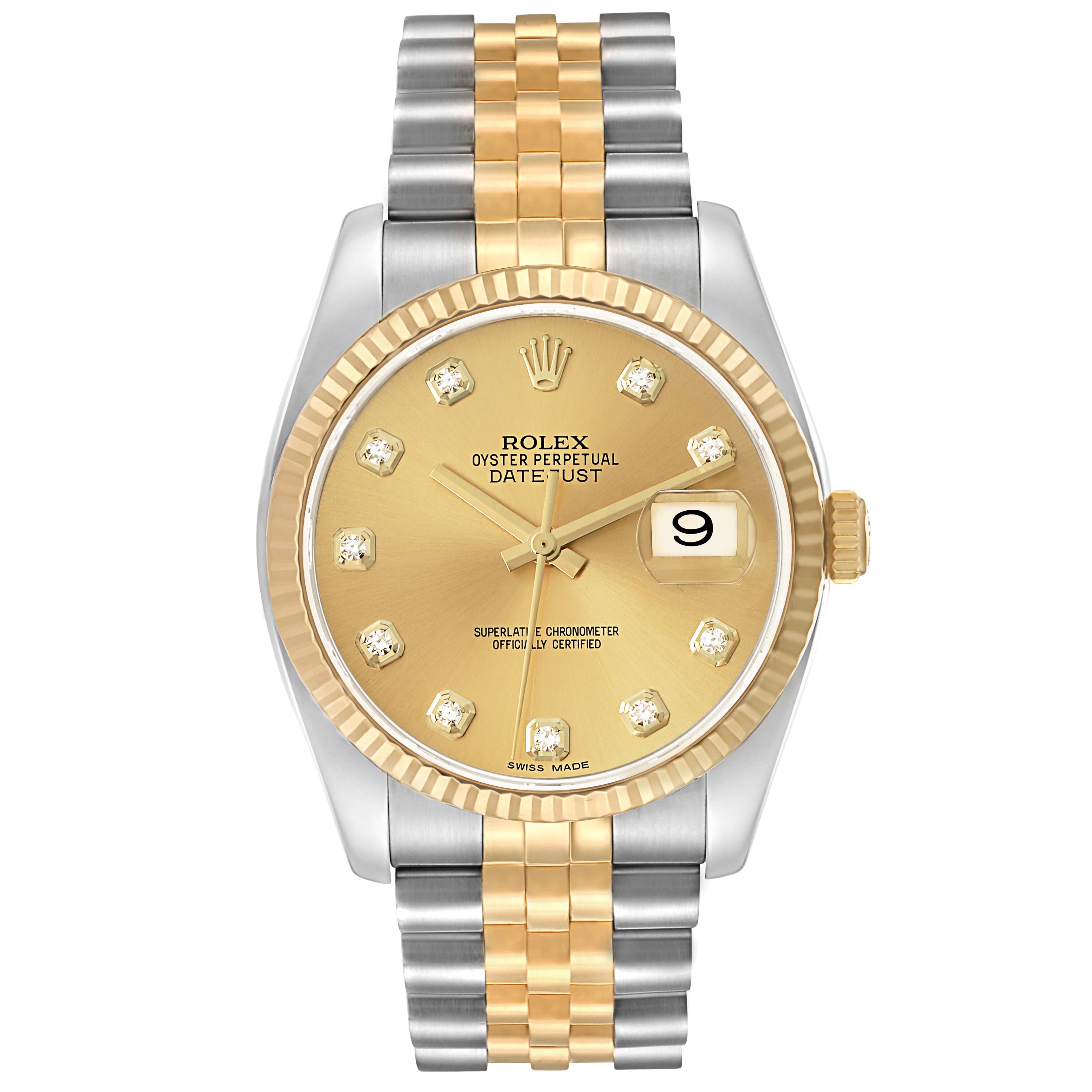 The Rolex Datejust model 116233 is shown from a frontal view, displaying its dial, bezel, bracelet, and crown.