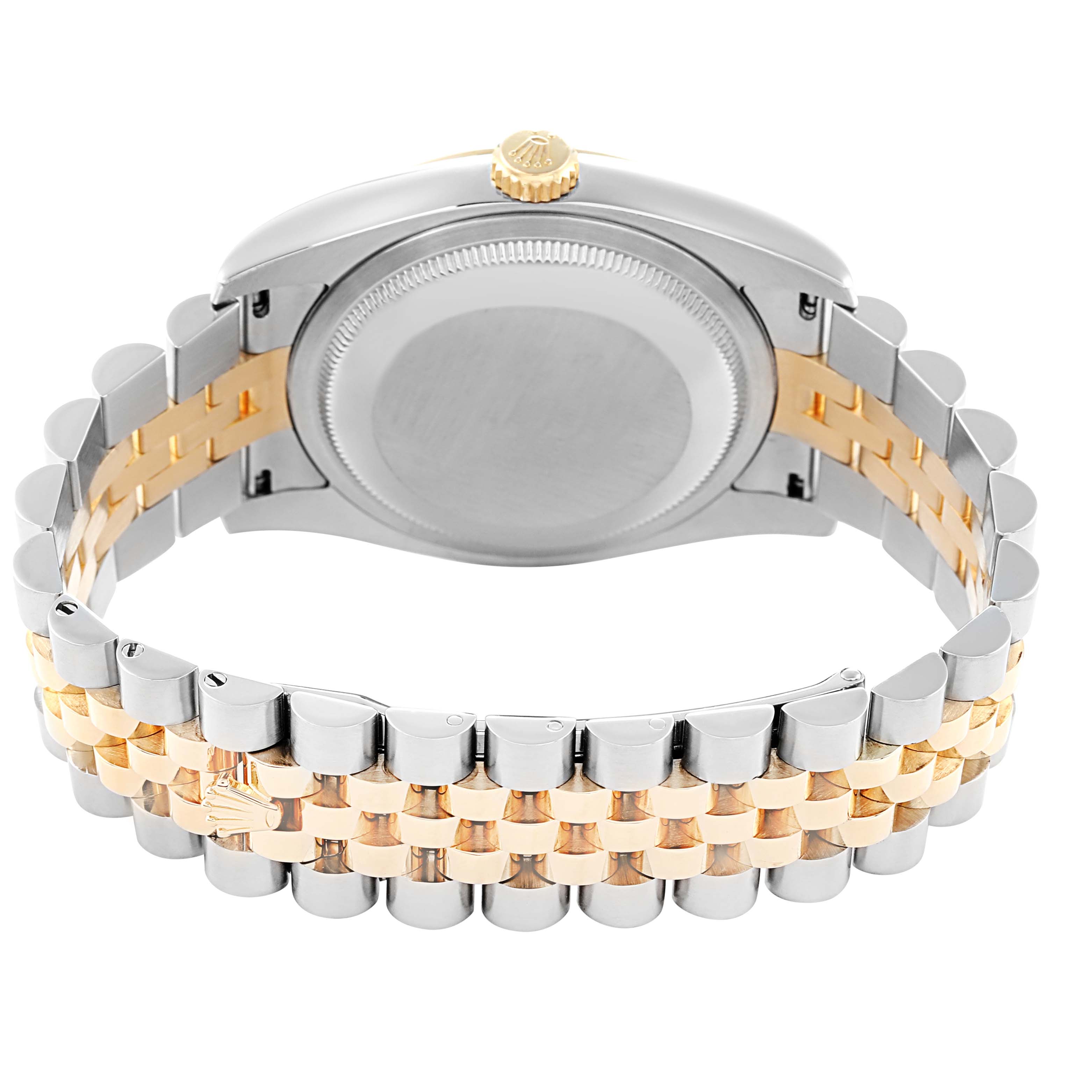 The image shows the back view of a Rolex Datejust model 116233 men
s watch, highlighting the case back and the two-tone Jubilee bracelet.