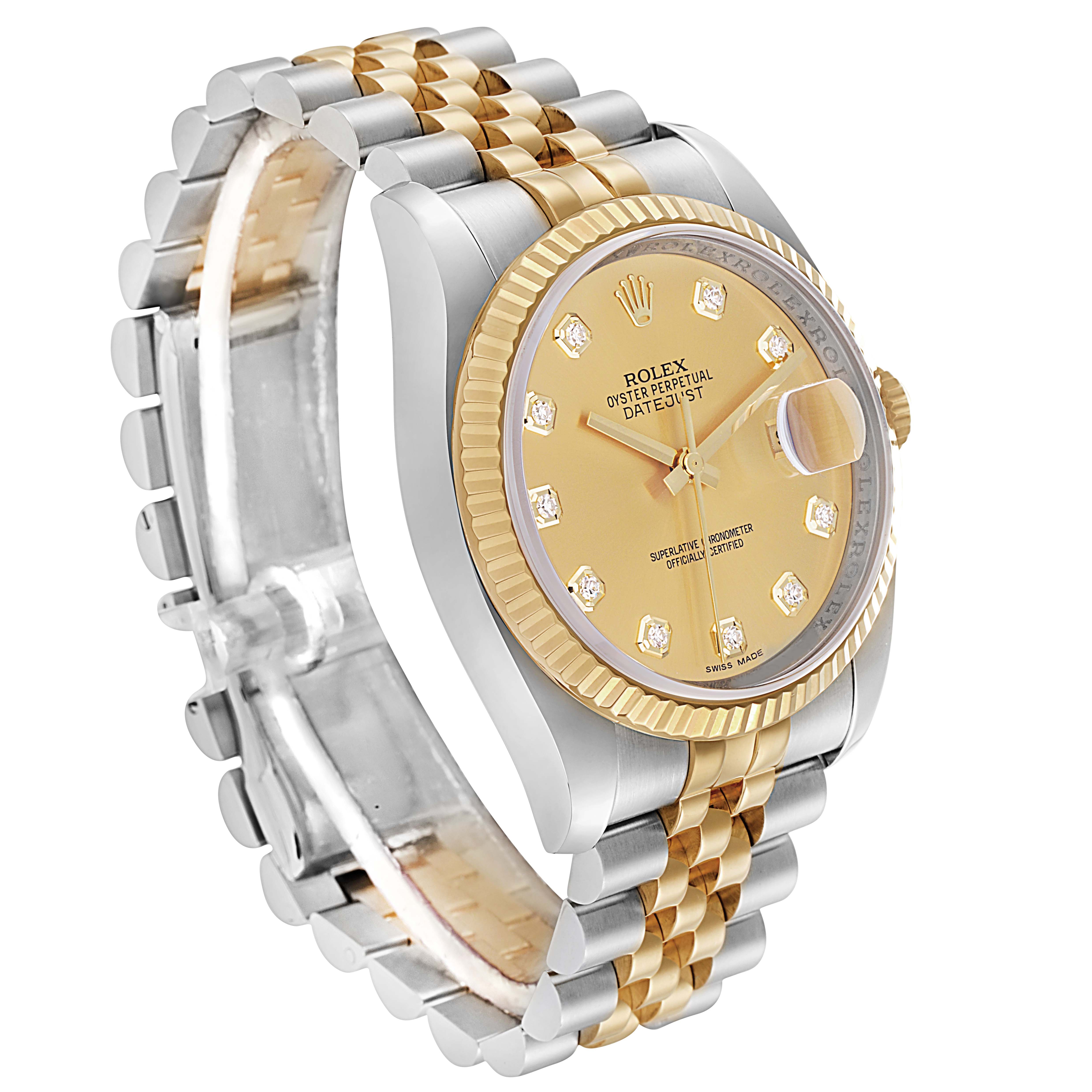The Rolex Datejust model 116233 is shown at a three-quarter angle, highlighting the two-tone bracelet, gold fluted bezel, dial with diamond markers, and the cyclops lens over the date.