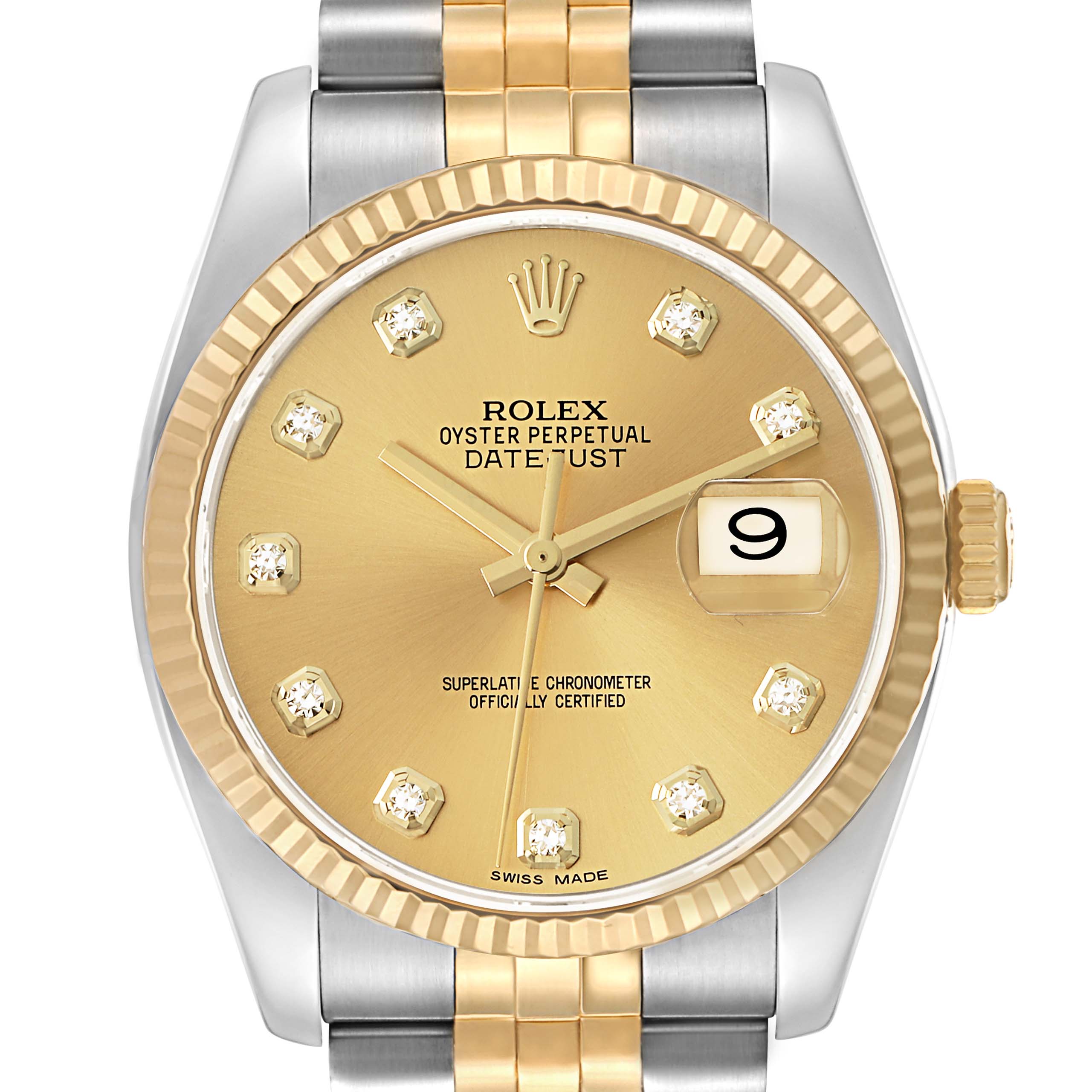 The image shows a frontal view of the Rolex Datejust model 116233 men
s watch, highlighting the gold dial, diamond hour markers, fluted bezel, and two-tone bracelet.