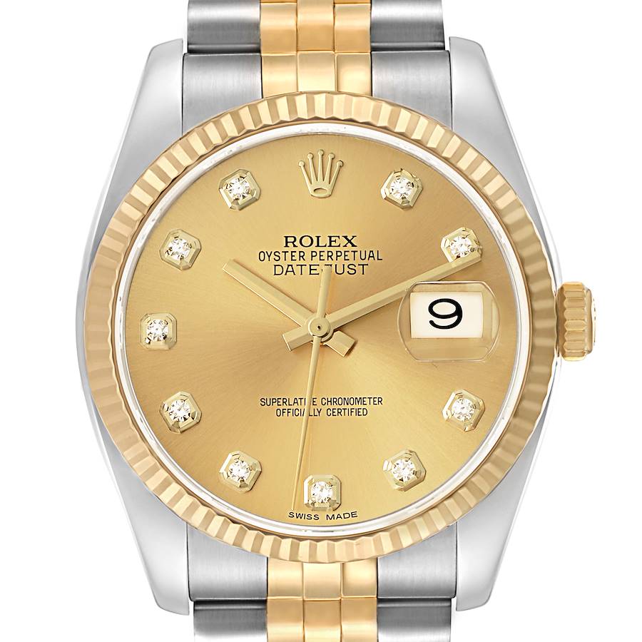 The image shows a frontal view of the Rolex Datejust model 116233 men's watch, highlighting the gold dial, diamond hour markers, fluted bezel, and two-tone bracelet.