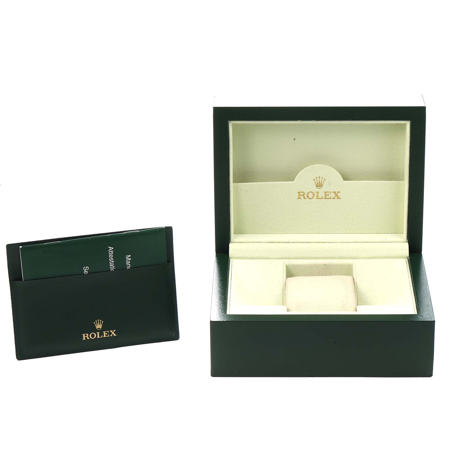 The image shows the accessories for a Rolex Datejust model 116233 men
s watch, featuring its open presentation box and a cardholder.