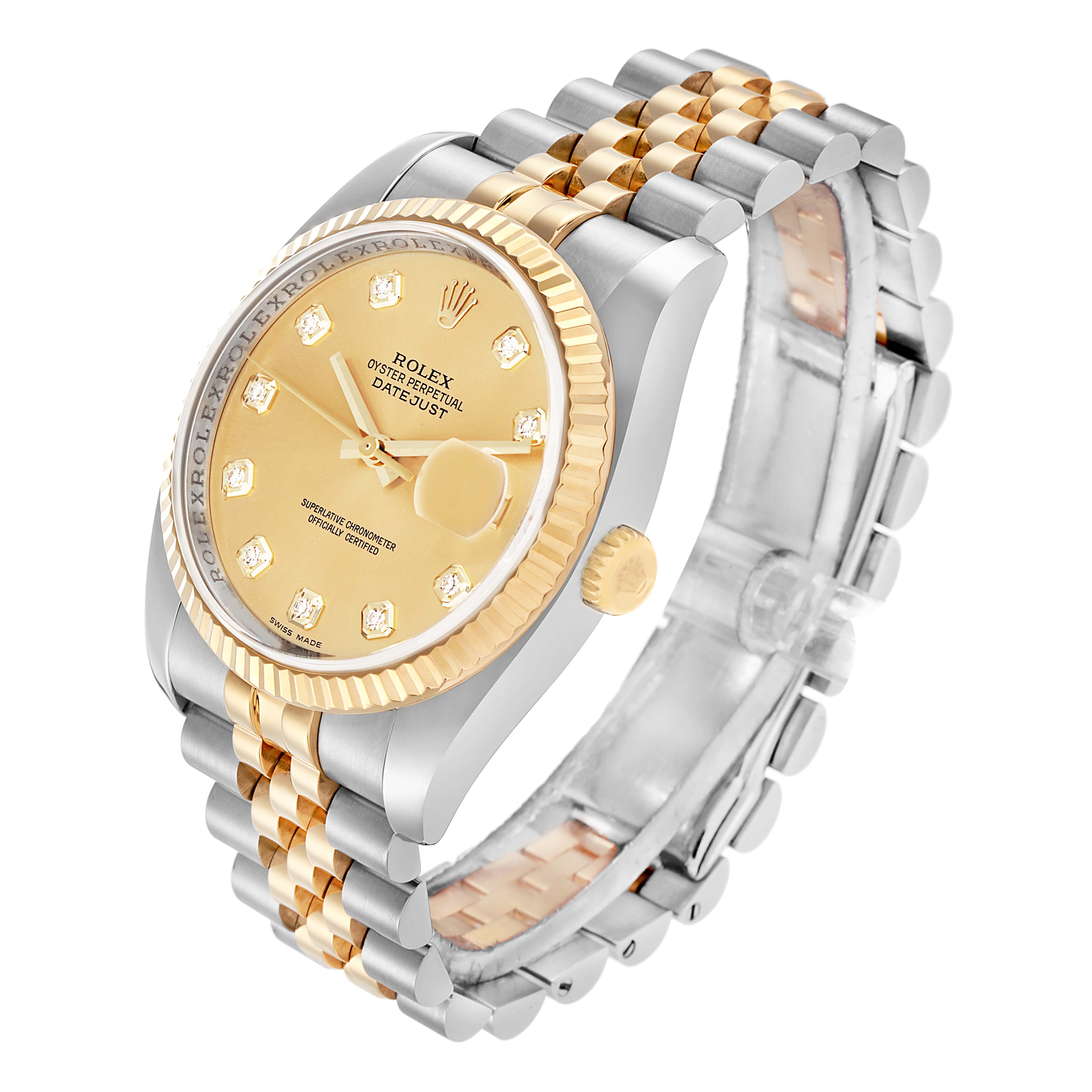 The Rolex Datejust model 116233 is shown at a three-quarter angle, highlighting the dial, bezel, crown, and the Jubilee bracelet.